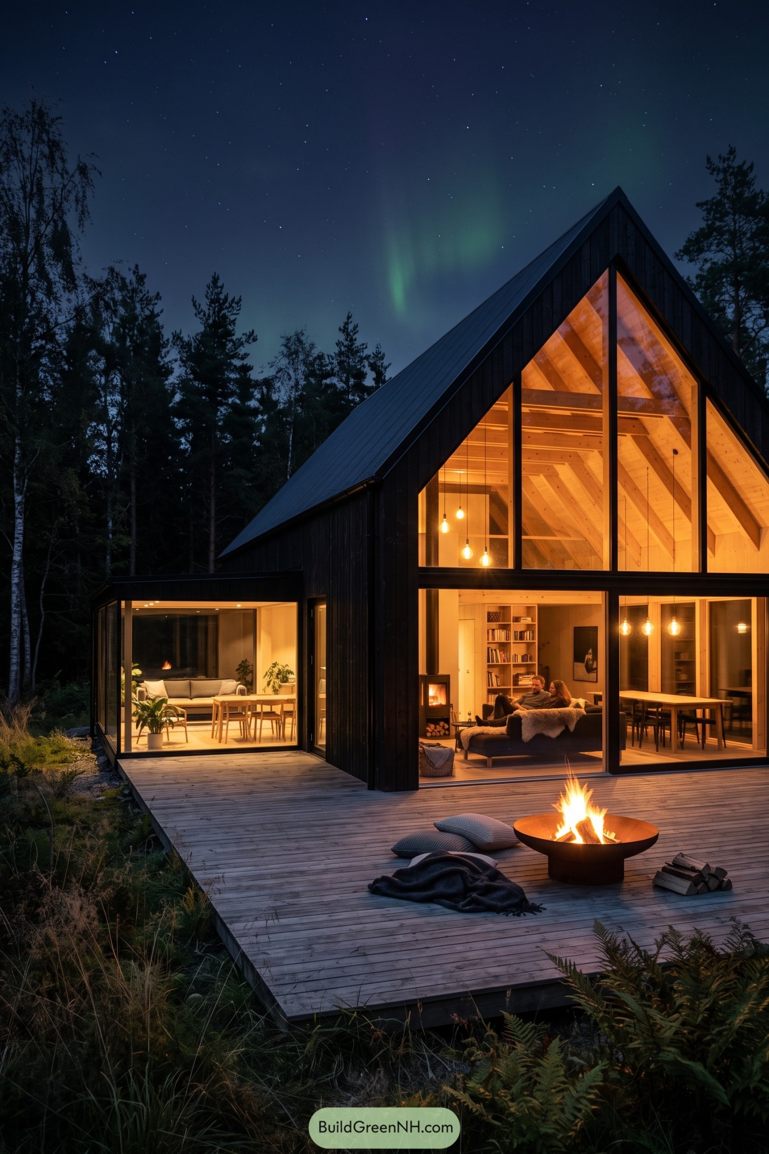 Black timber gable house with glowing glass facade and fire bowl