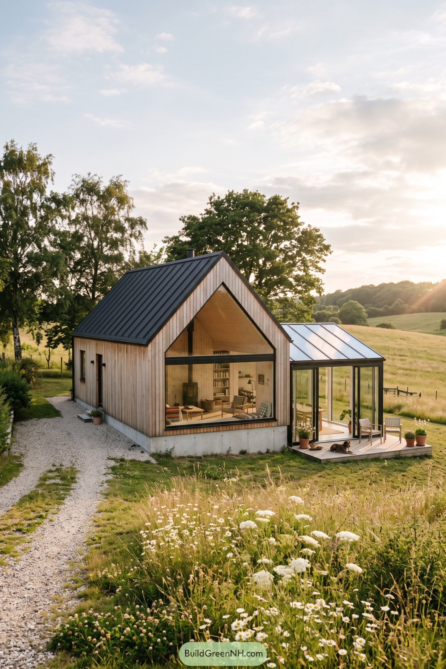 Timber gable cottage with a glass sunroom in a flowered meadow