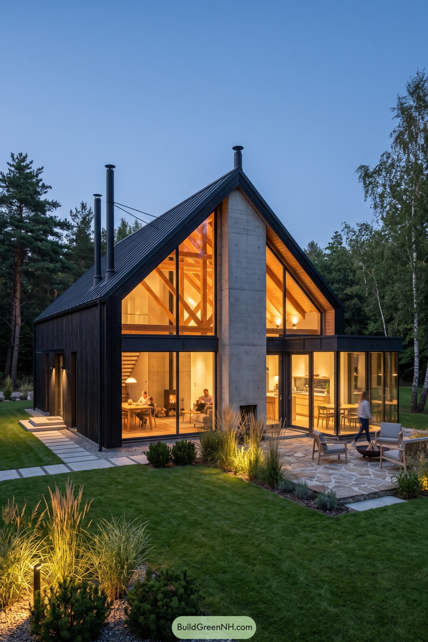 Modern black timber house with glazed gable and concrete chimney