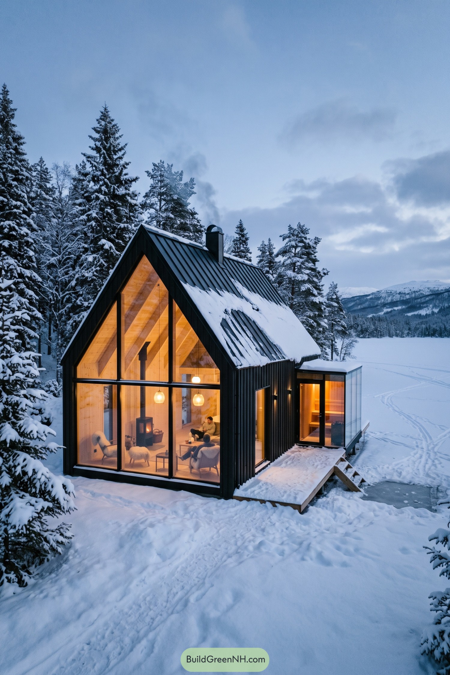 Black gable cabin with glass front in snowy pines