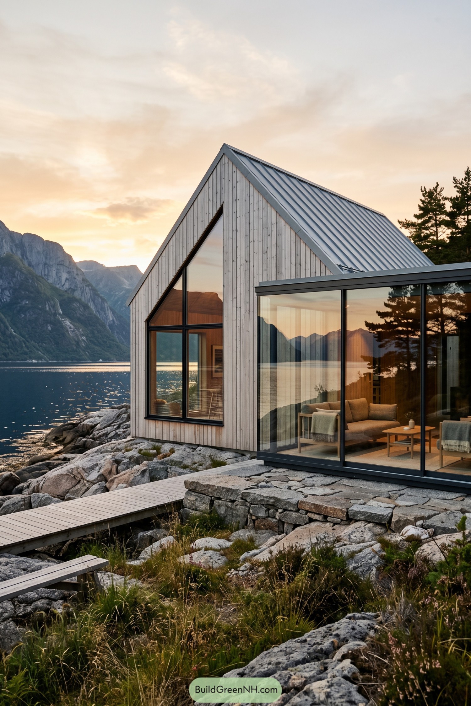 Scandinavian gable house with glass walls beside a rocky lake