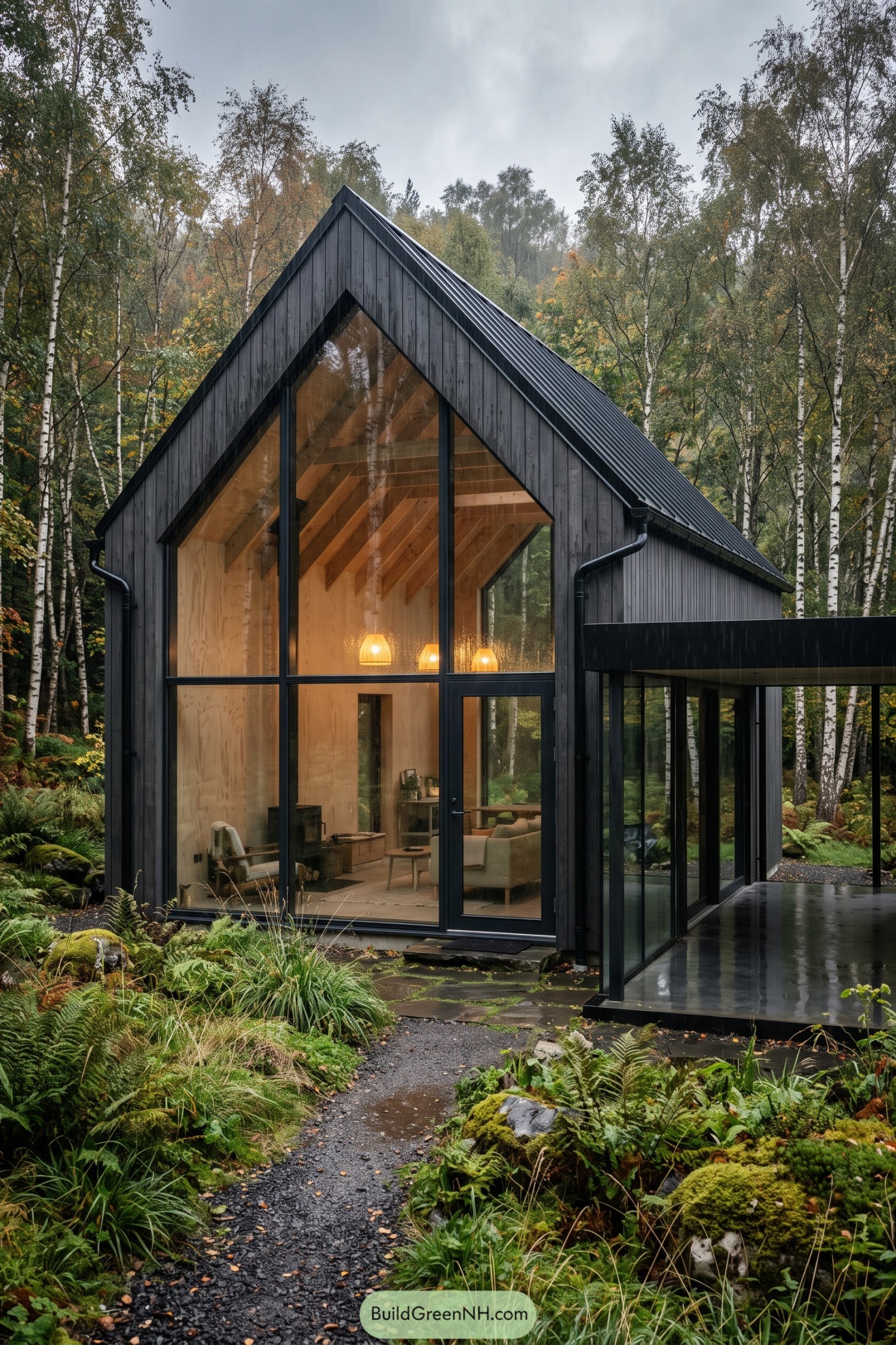 Black timber gable home with tall forest-facing windows