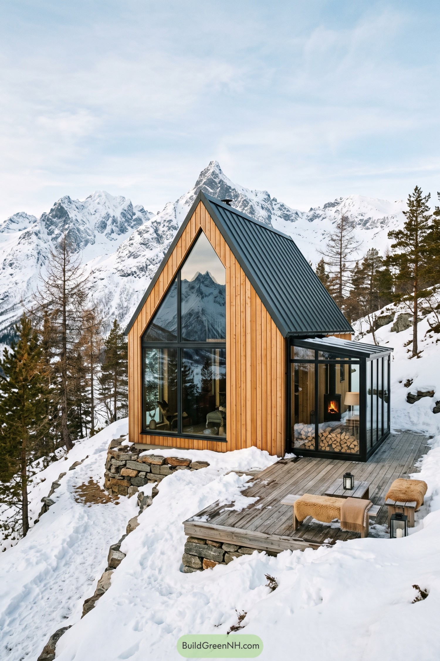 Timber gable cabin with glass façade in snowy mountains