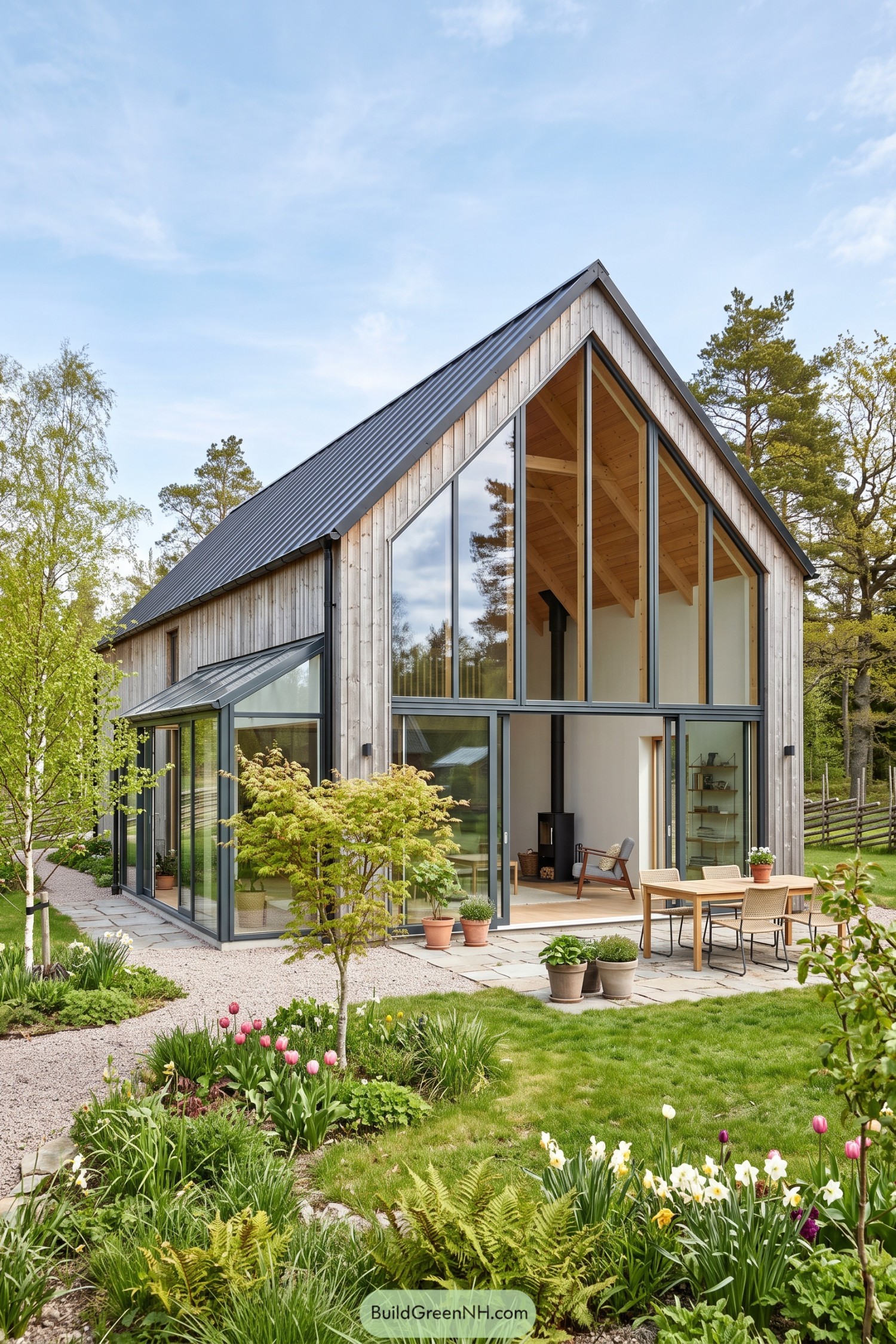 Timber gable home with tall glazing and garden patio