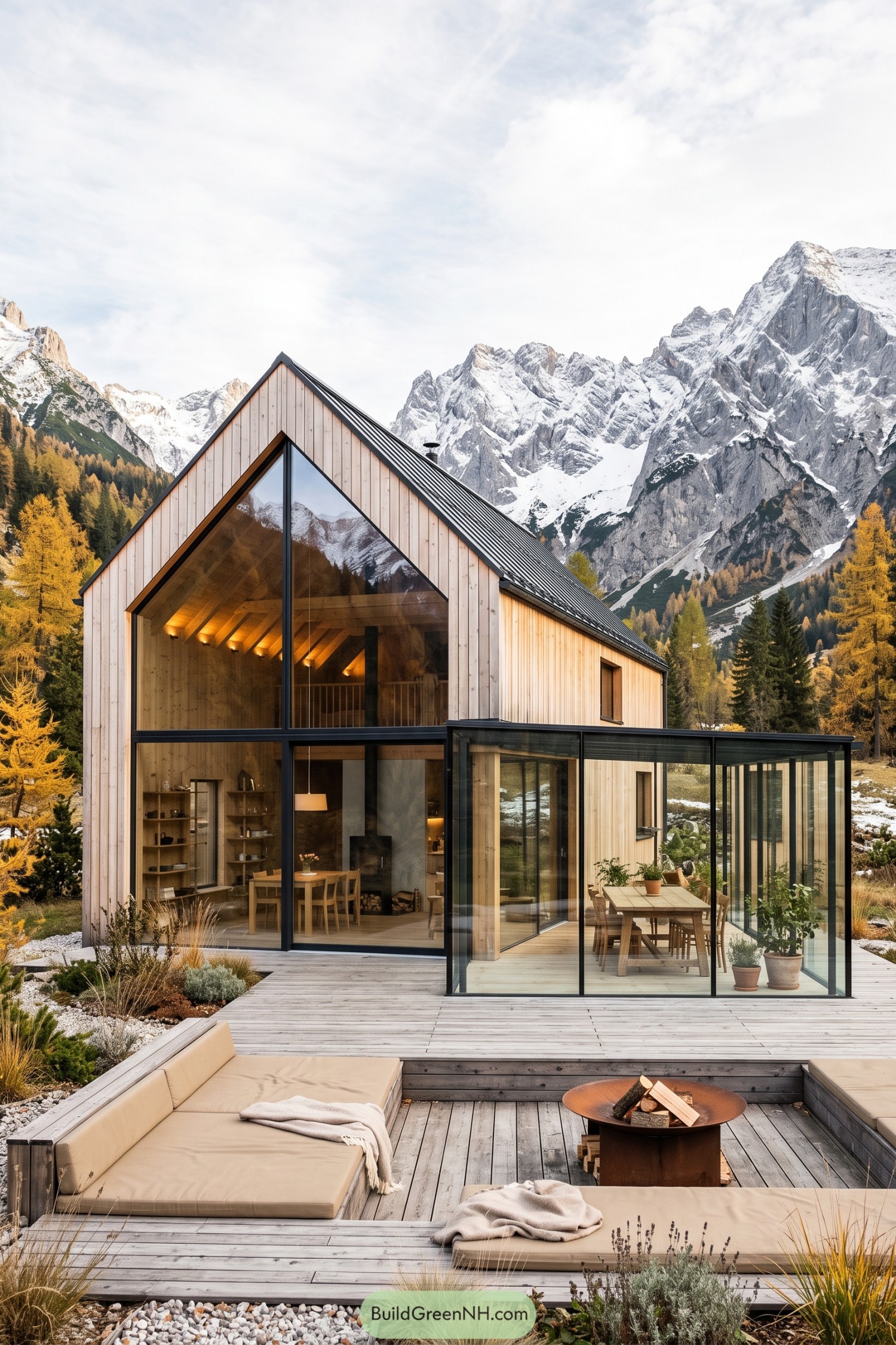 Timber gable house with glazed terrace beneath snowy peaks