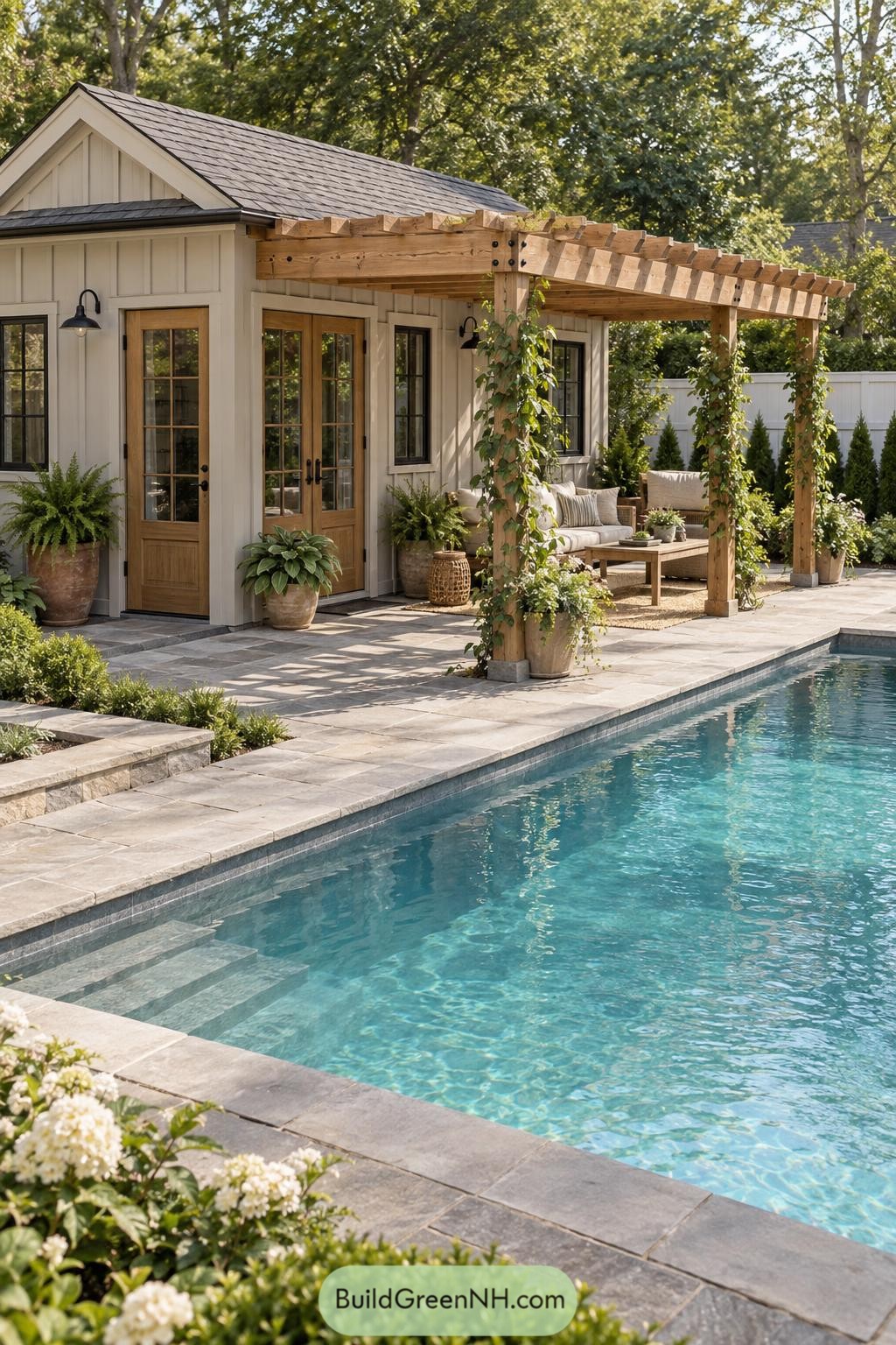 Cream garden studio beside a pool with a vine-covered timber pergola