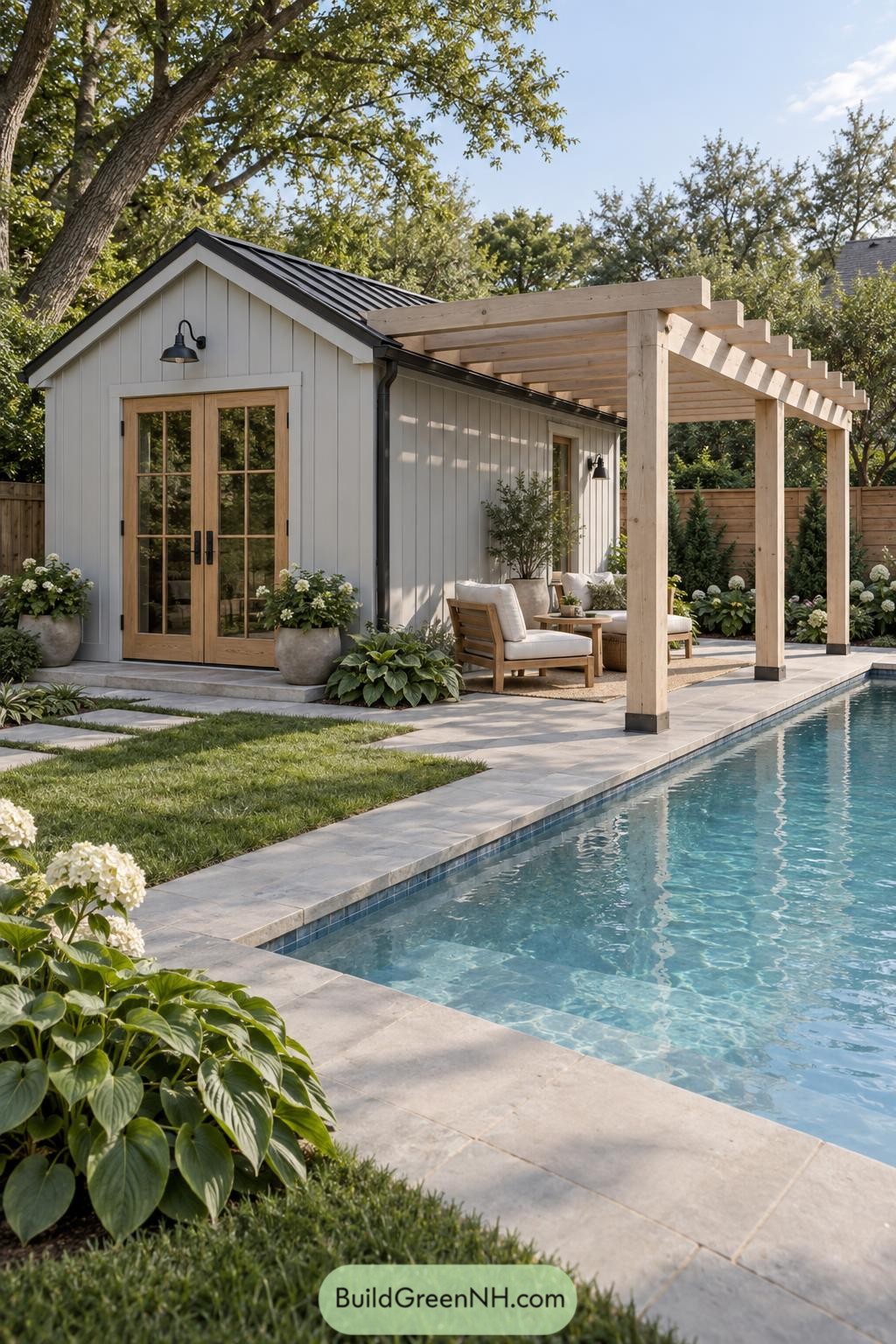 White poolside shed with timber pergola and lounge seating