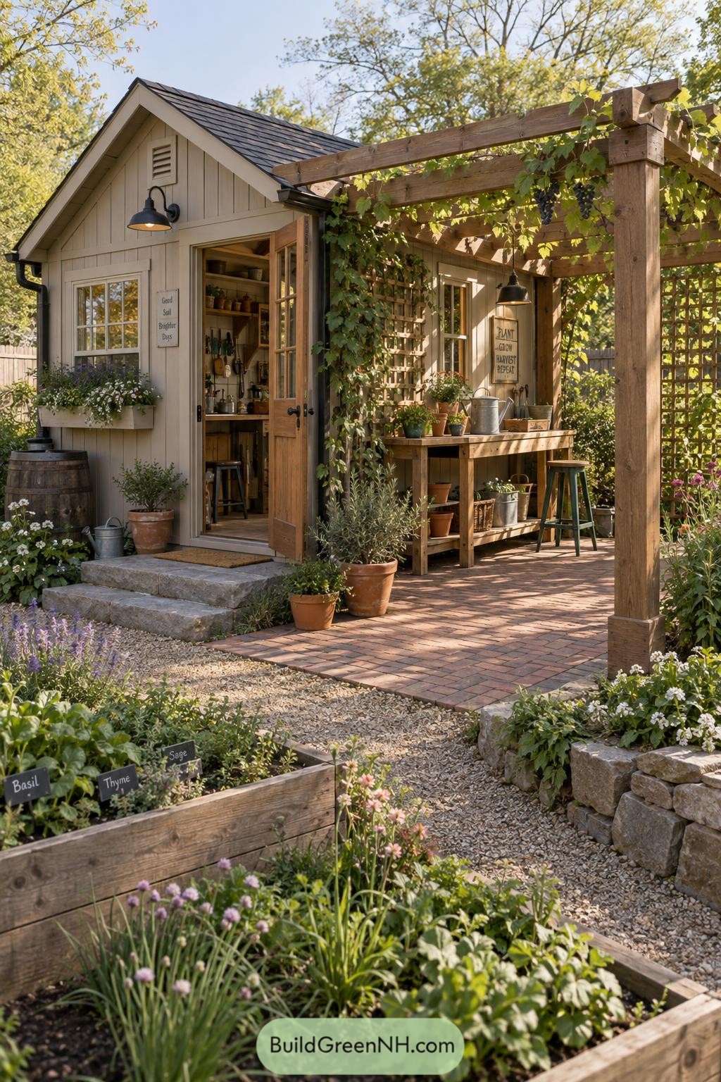 Gabled potting shed beside a grapevine pergola