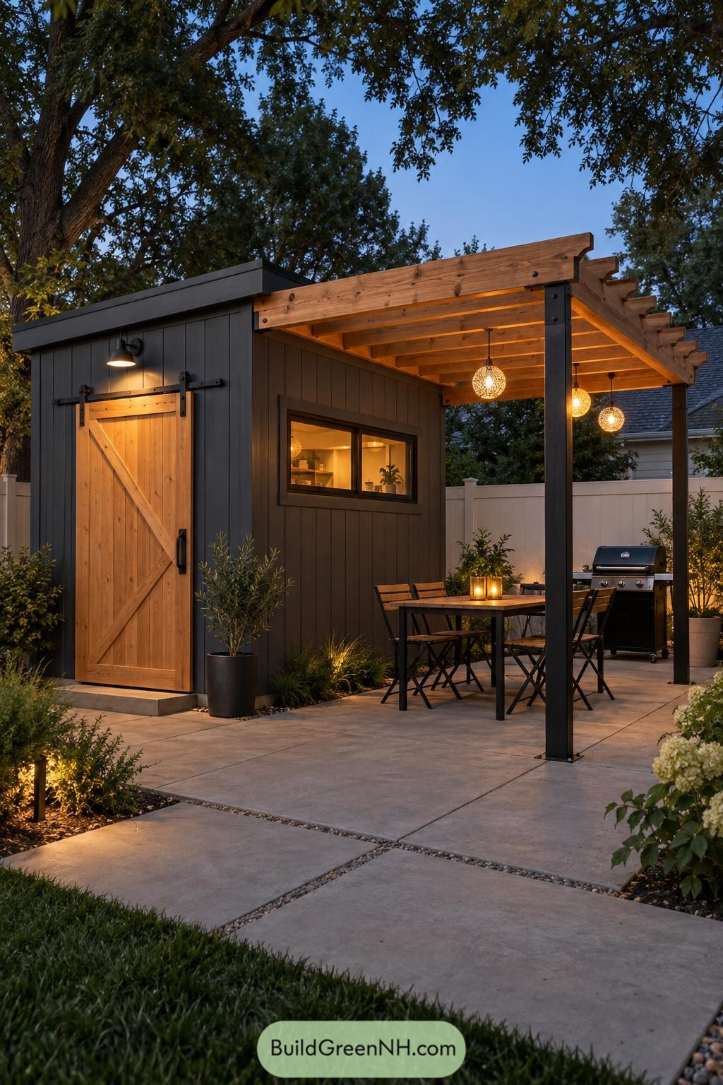 Dark garden shed with a timber pergola dining area