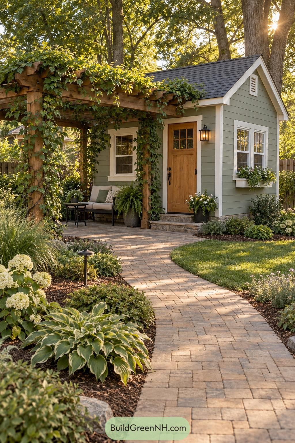 Sage green garden shed with a vine-covered timber pergola and paved path
