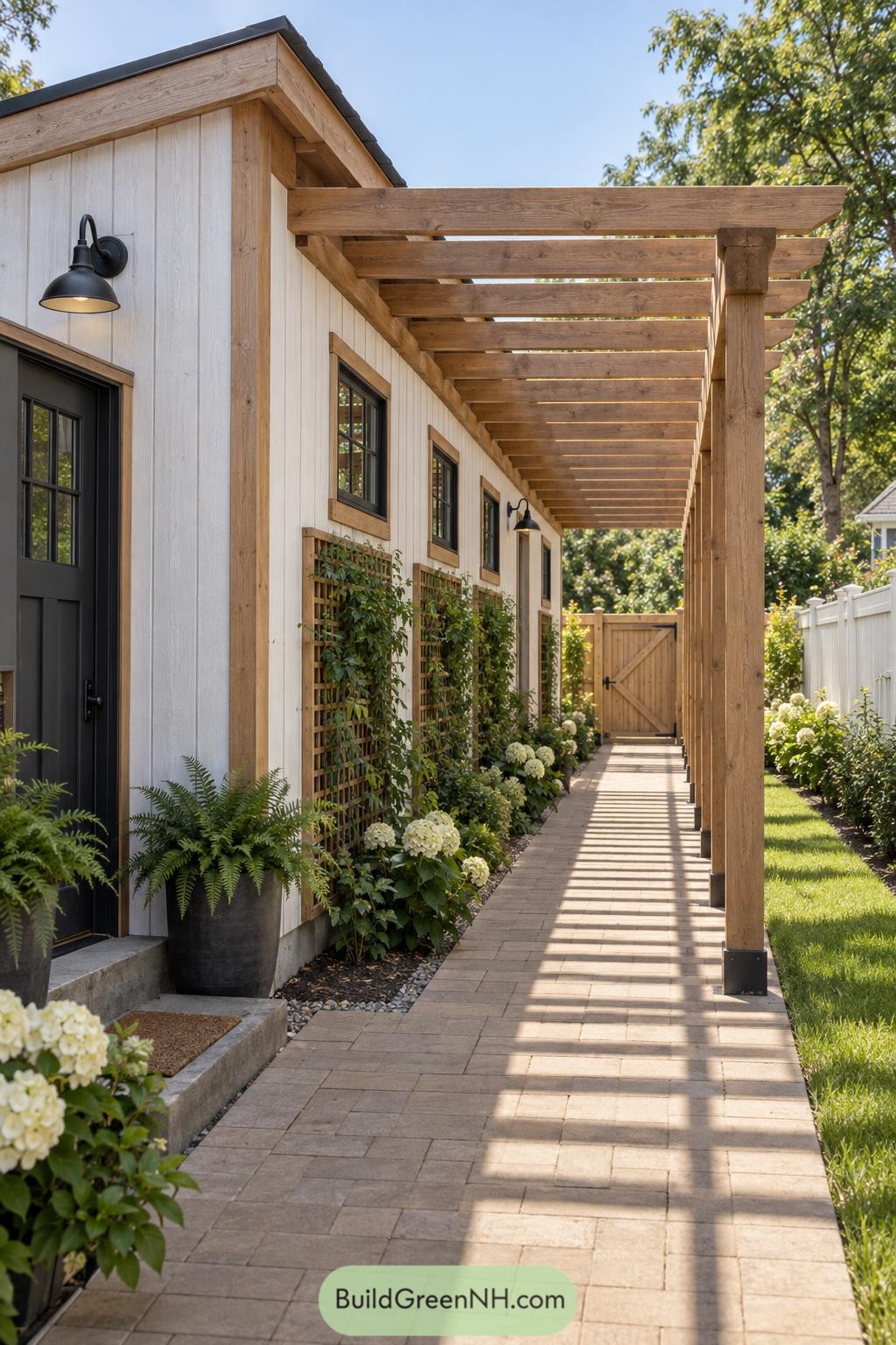 Timber pergola shades a paved walkway beside a white garden shed