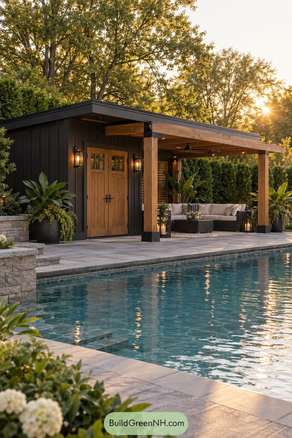 Black pool shed with a timber covered lounge beside a pool