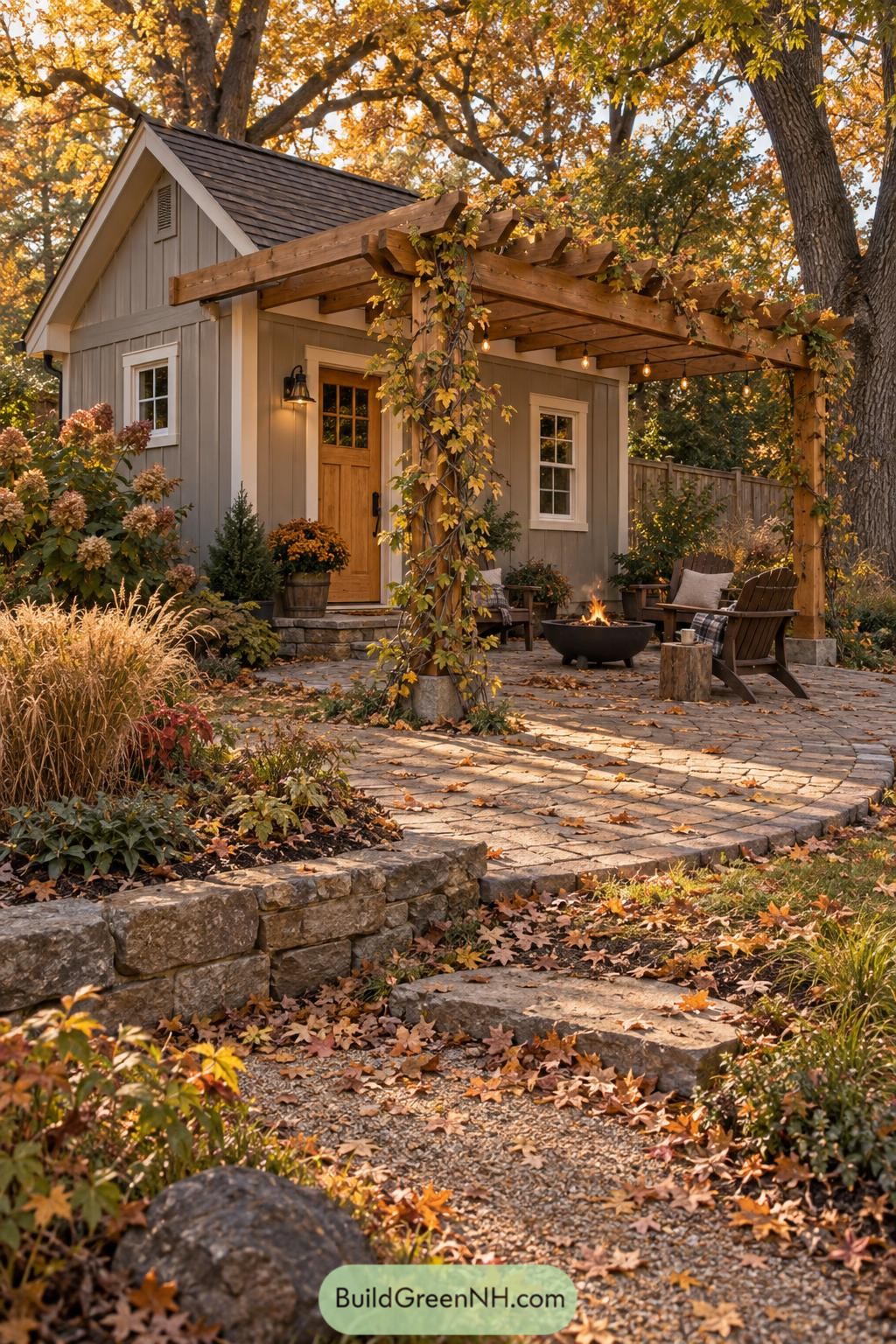 Gray garden studio with vine-covered pergola and fire pit patio