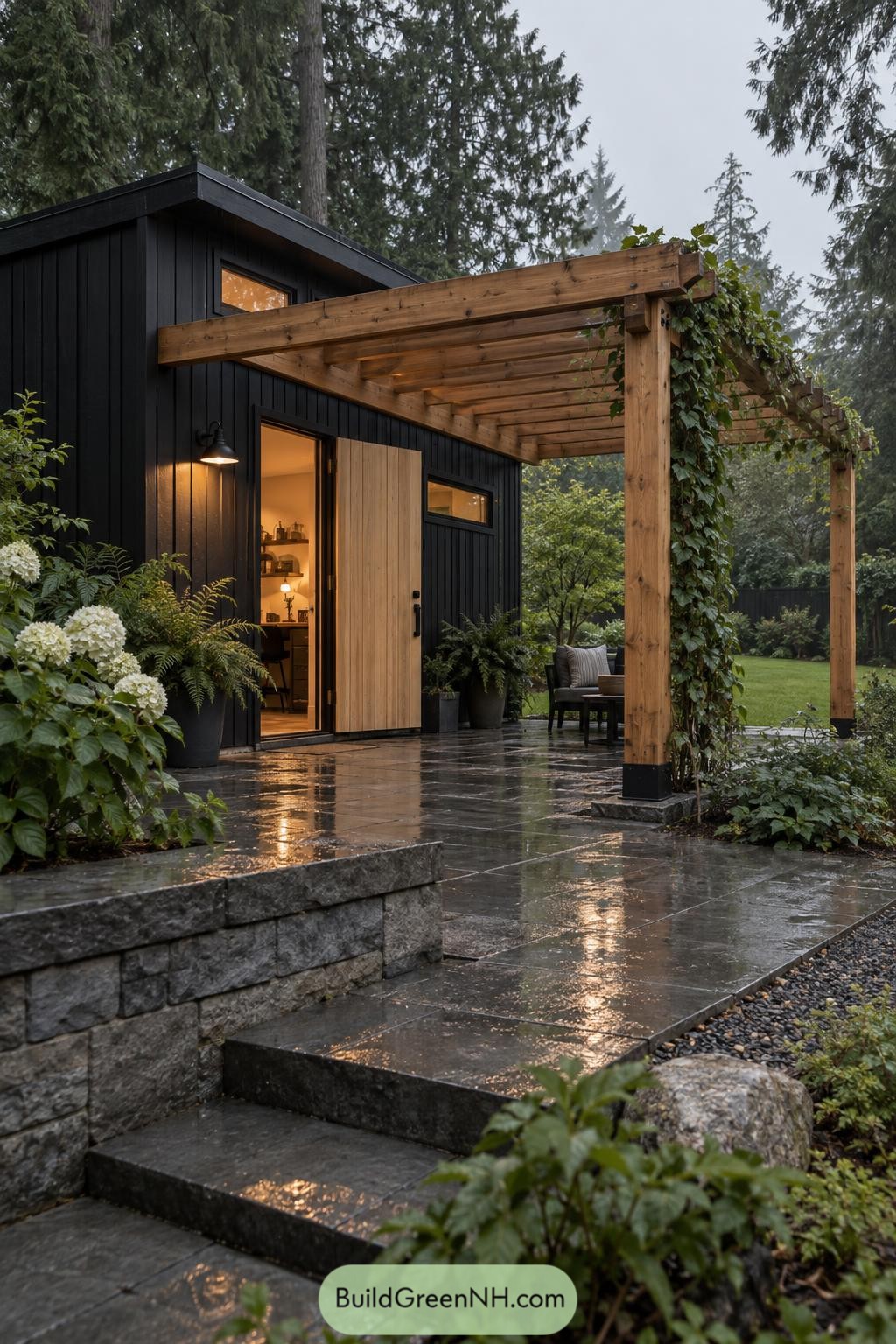 Black garden studio with cedar pergola and stone terrace