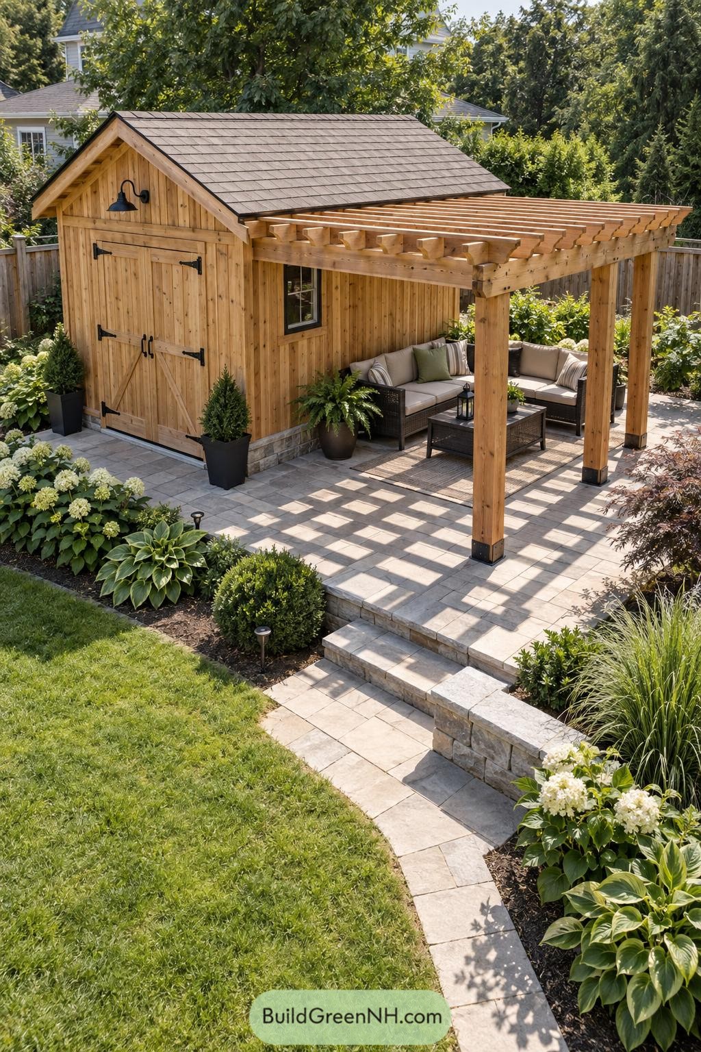 Wooden garden shed with a pergola-covered patio lounge