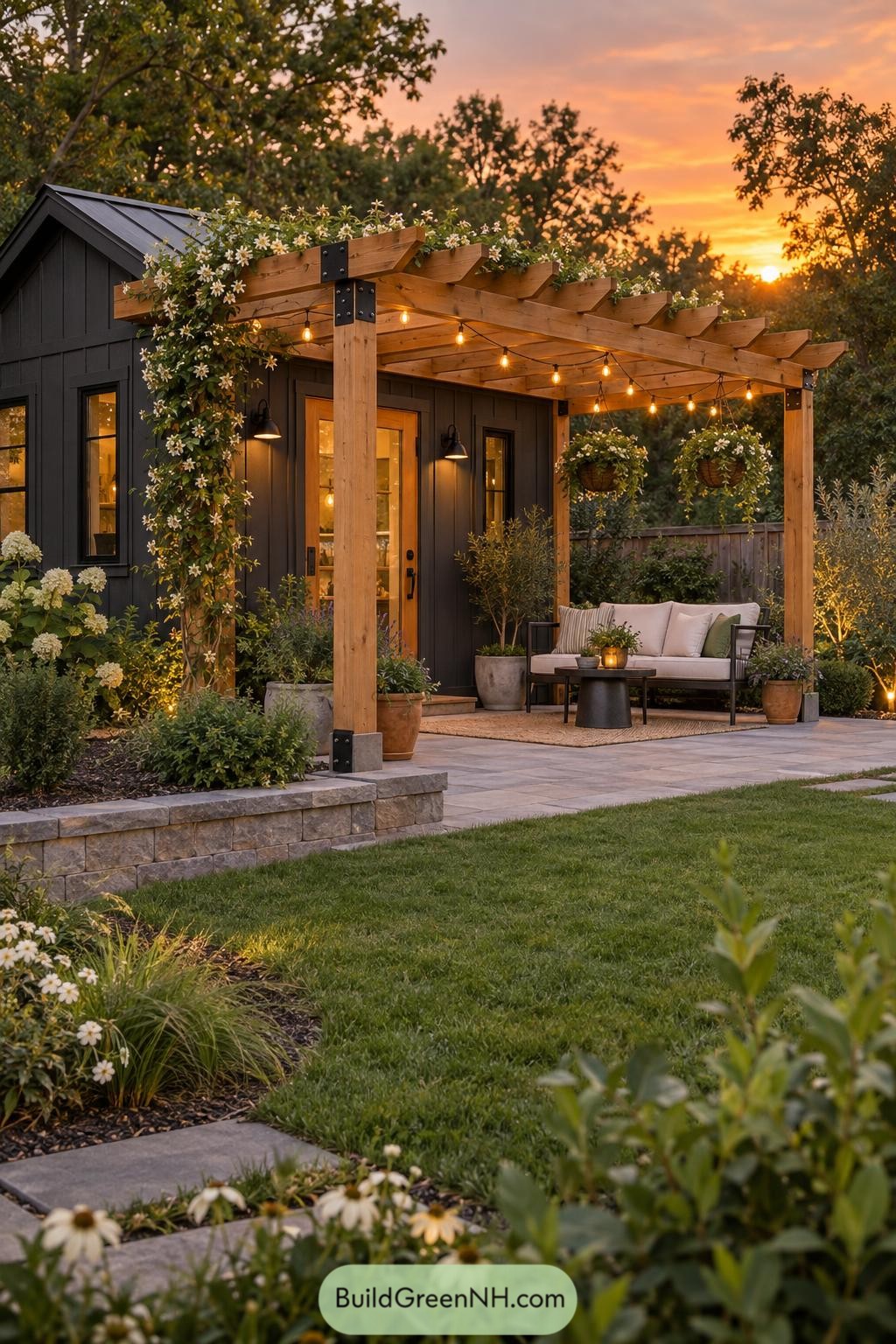 Dark garden shed with a timber pergola, climbing daisies, and a cozy patio seating area at sunset