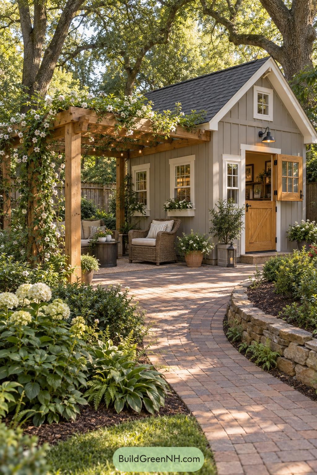Gray gabled shed with a flower covered pergola and patio seating
