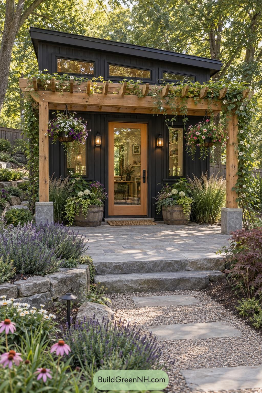 Black garden shed with timber pergola and flowering vines