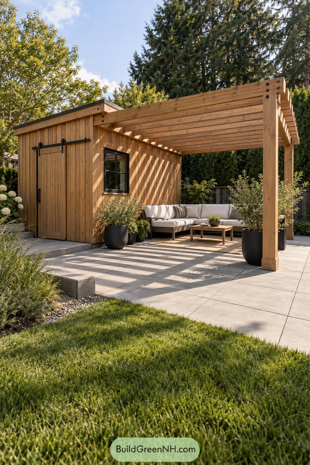 Wooden shed with slatted pergola and patio seating