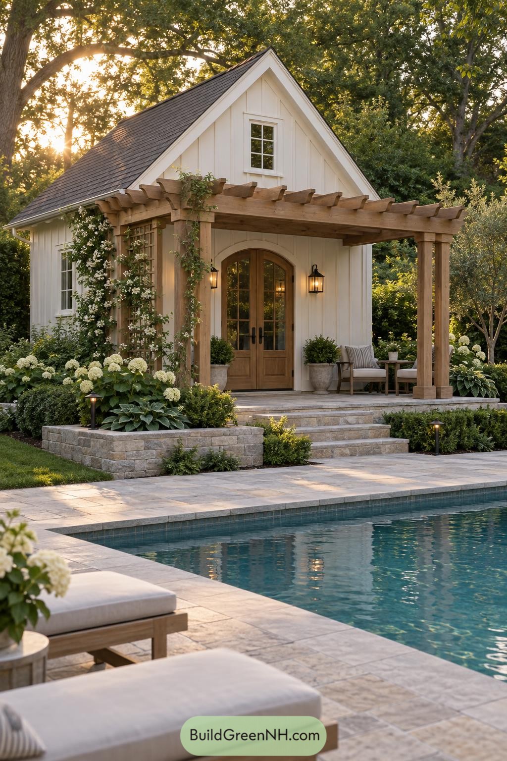 Cream gabled pool house with timber pergola beside a pool