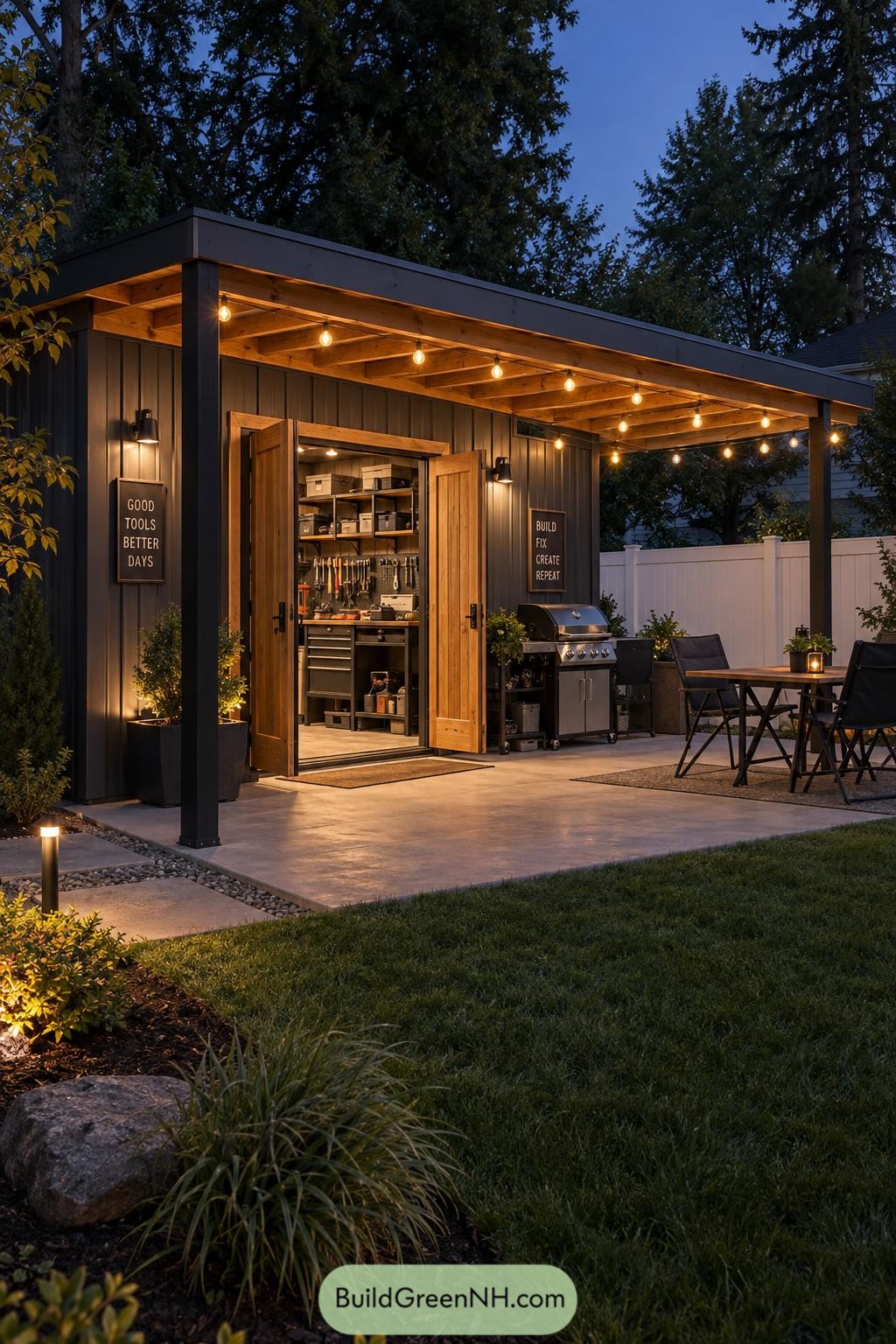 Dark Garden Shed With Covered Patio And String Lights