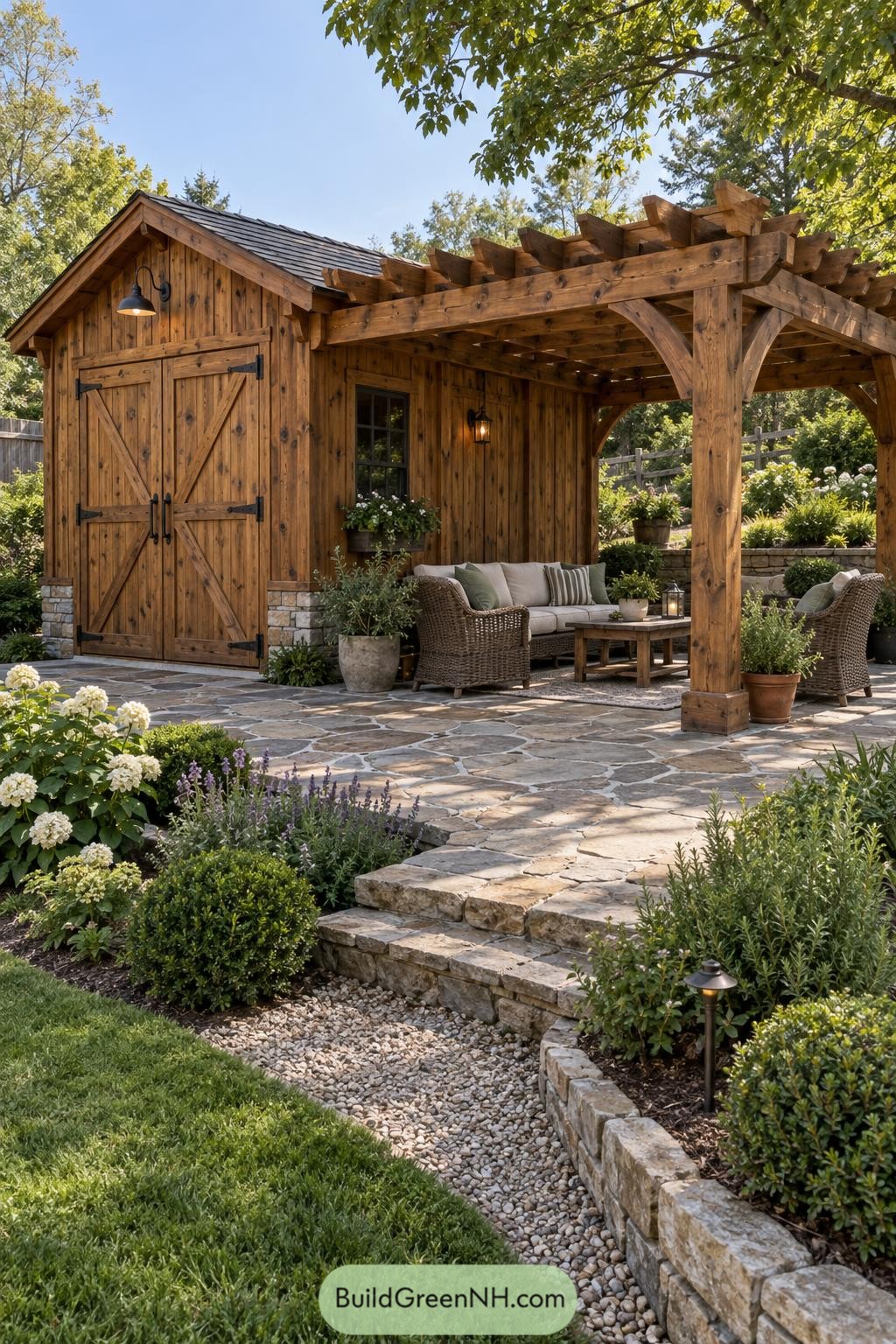 Timber shed with a covered pergola lounge and stone patio