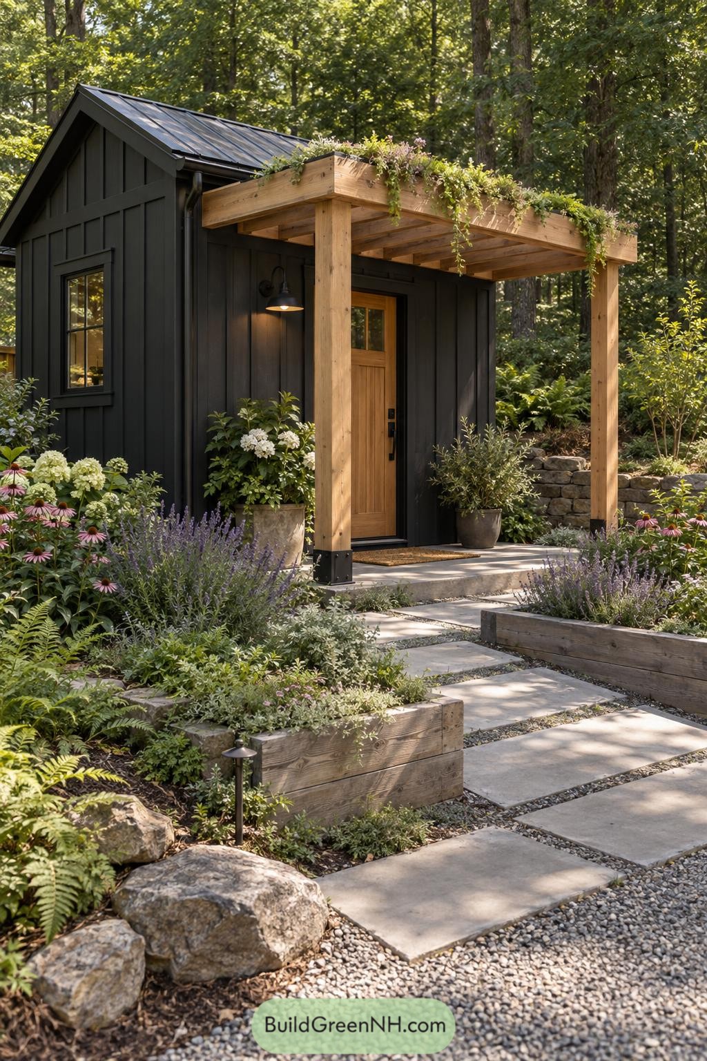 Black garden shed with a planted wood pergola entrance