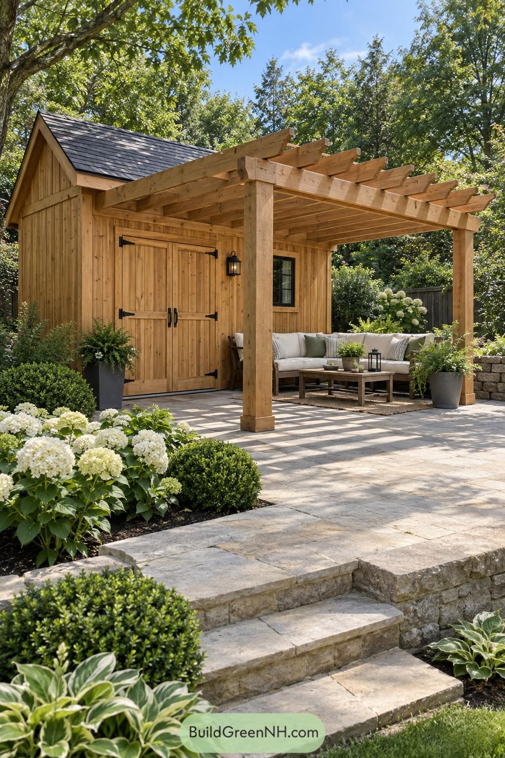 Cedar shed with pergola-covered lounge beside a stone patio