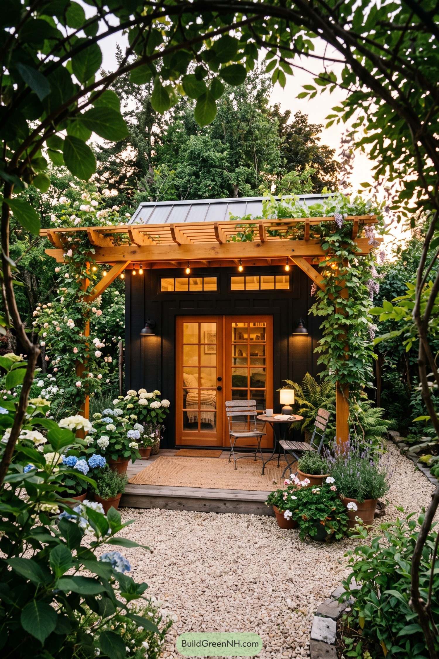 Black garden studio shed with a timber pergola and climbing vines
