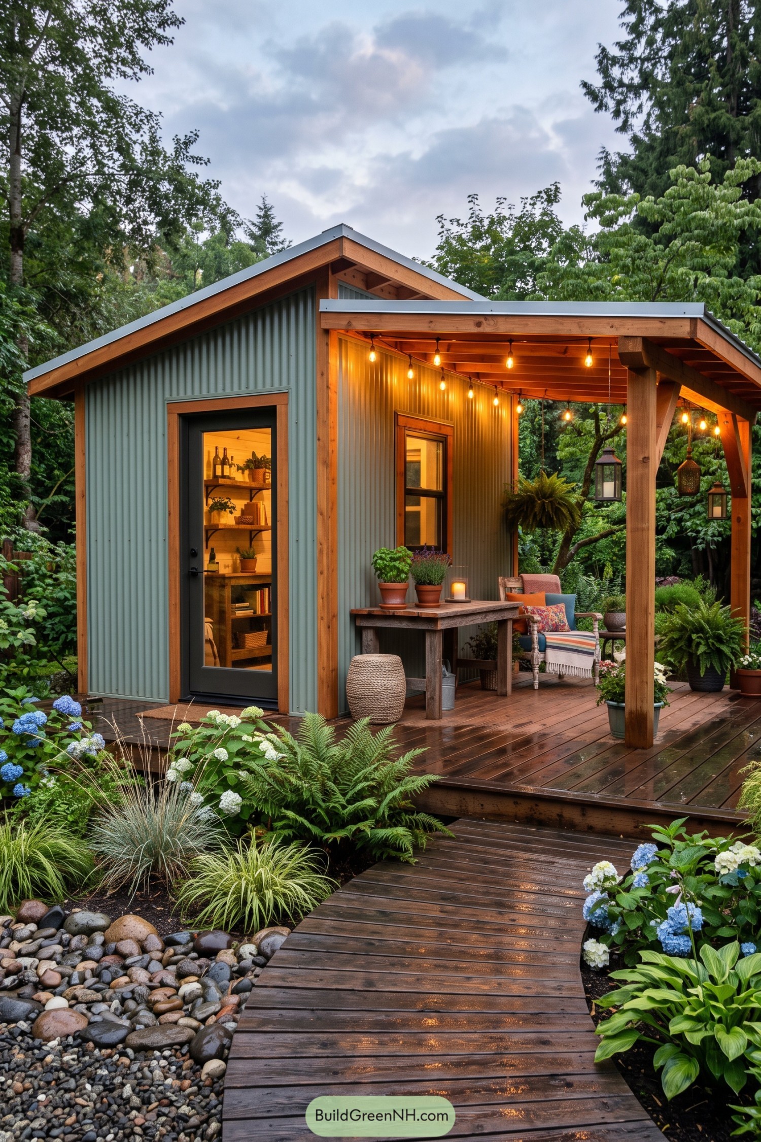Green corrugated shed with cedar porch and glowing string bulbs