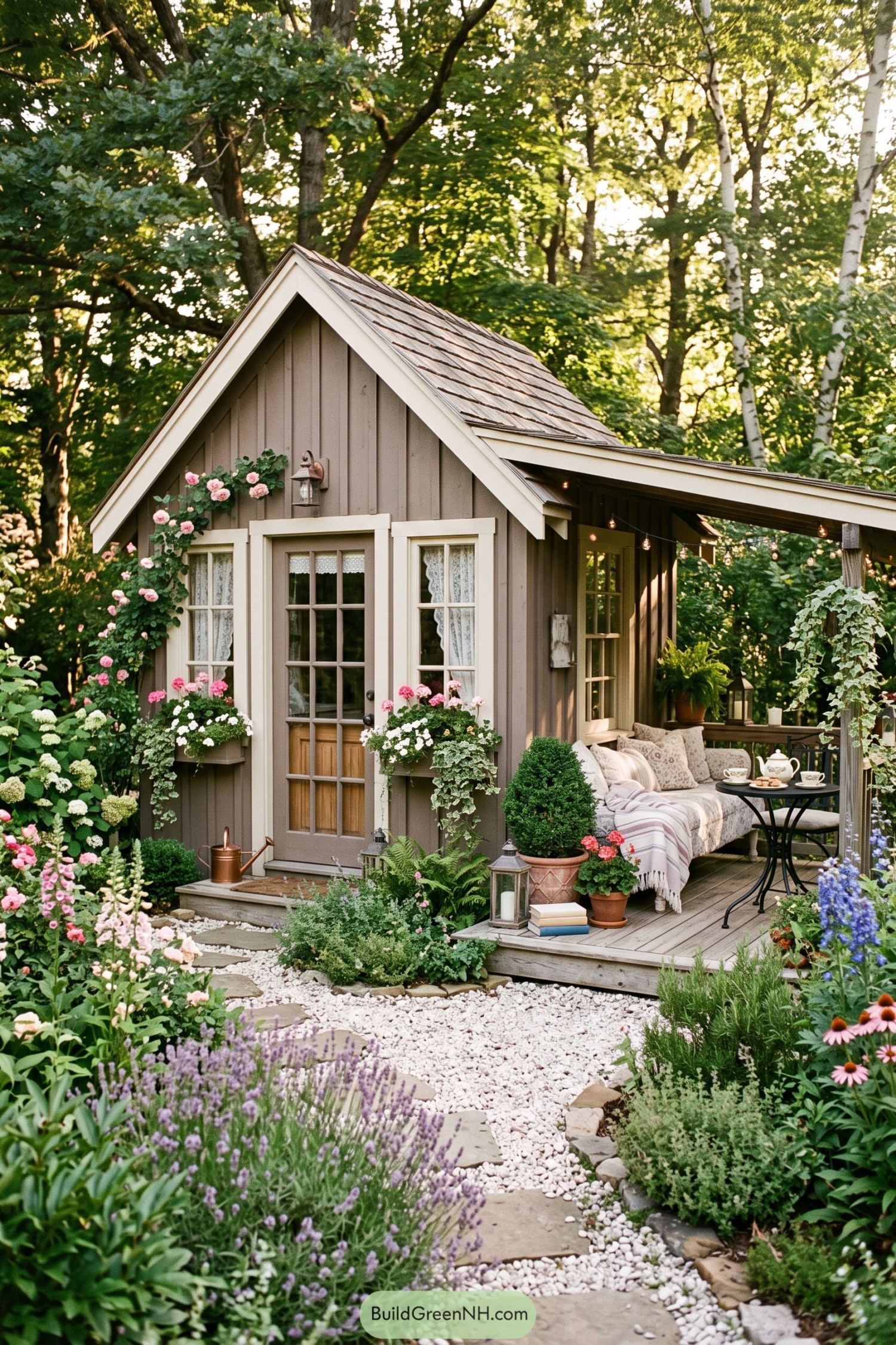Gray garden shed with a cozy porch and blooming flowers
