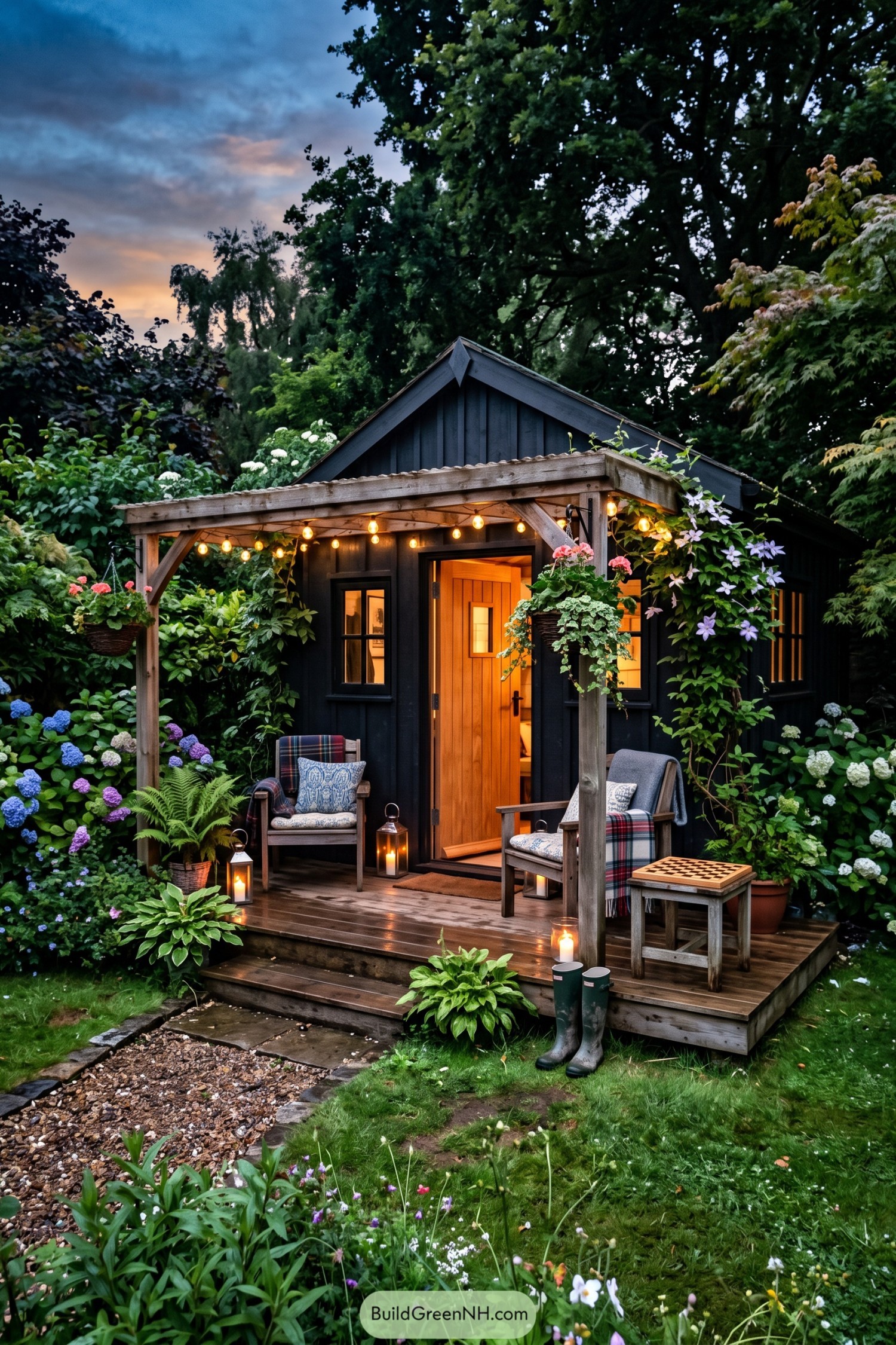 Charcoal garden shed with a covered deck porch and glowing string lights