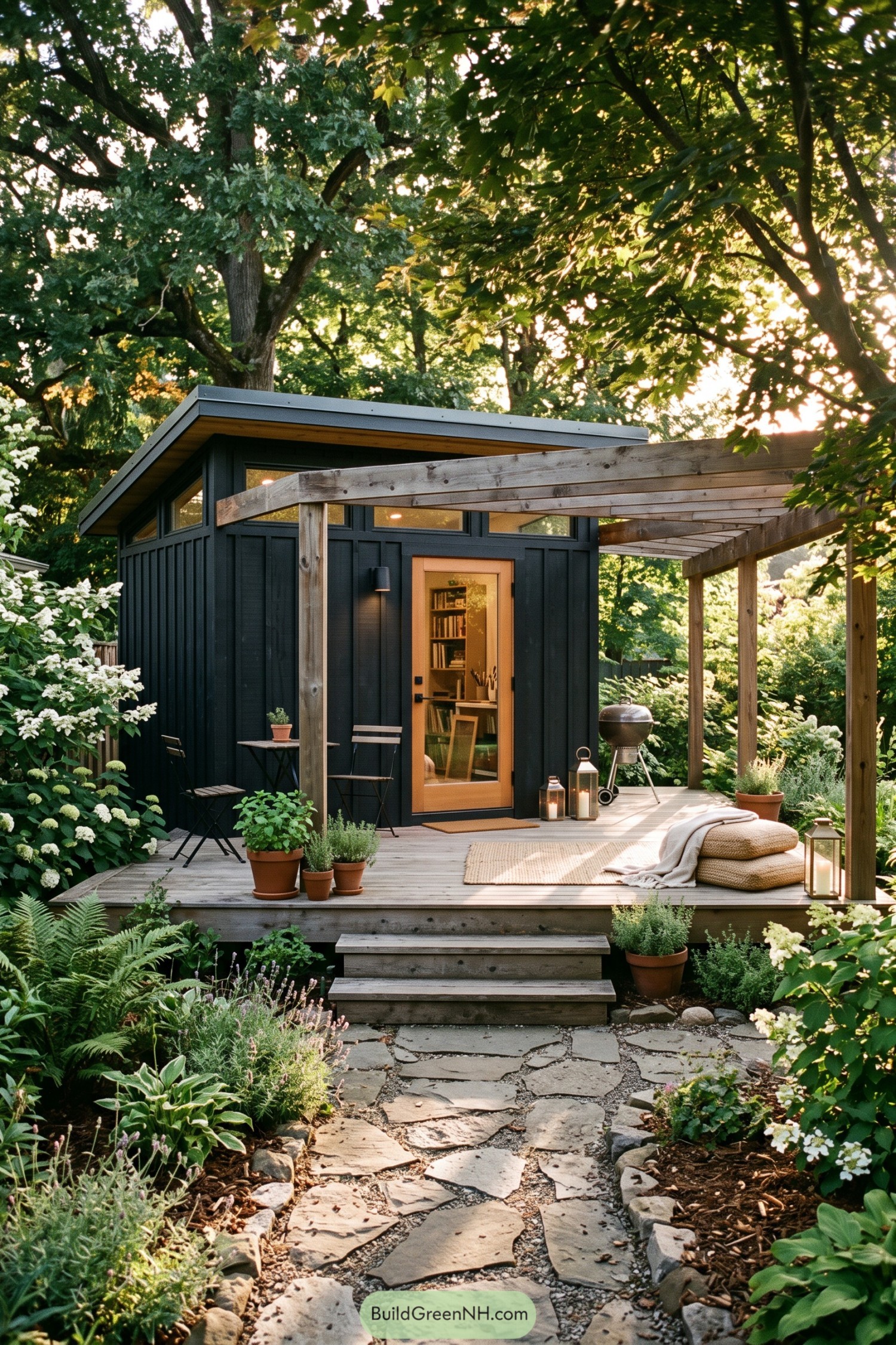 Charcoal garden shed with a timber-covered deck and grill