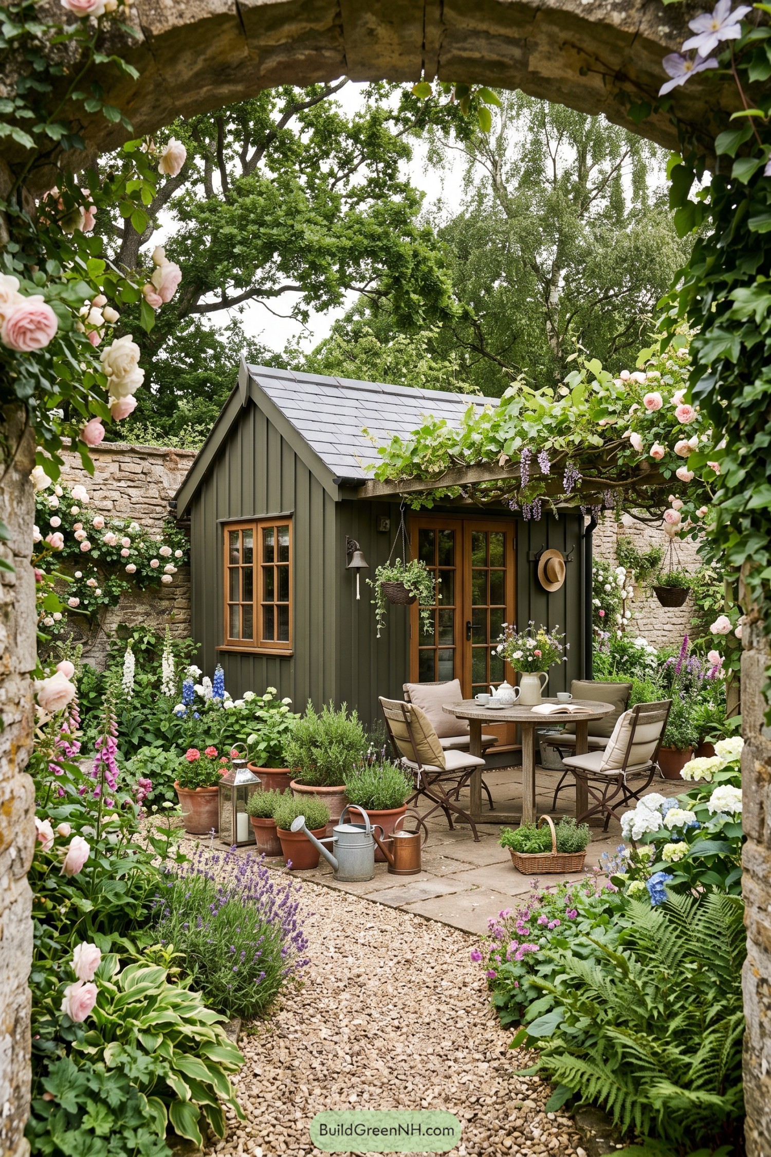 Green timber garden shed with vine-covered porch and patio seating