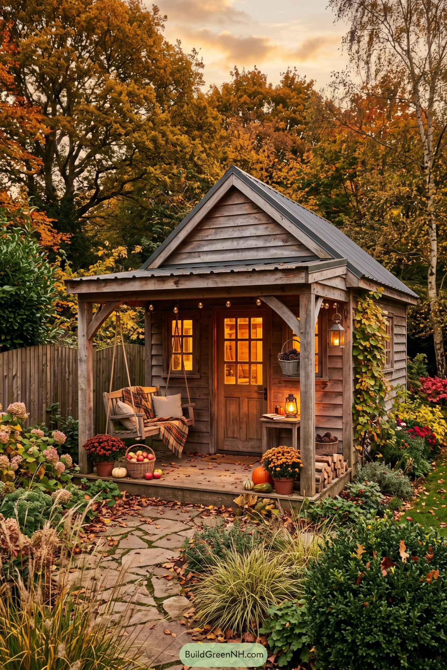 Rustic shed with a covered porch swing in an autumn garden