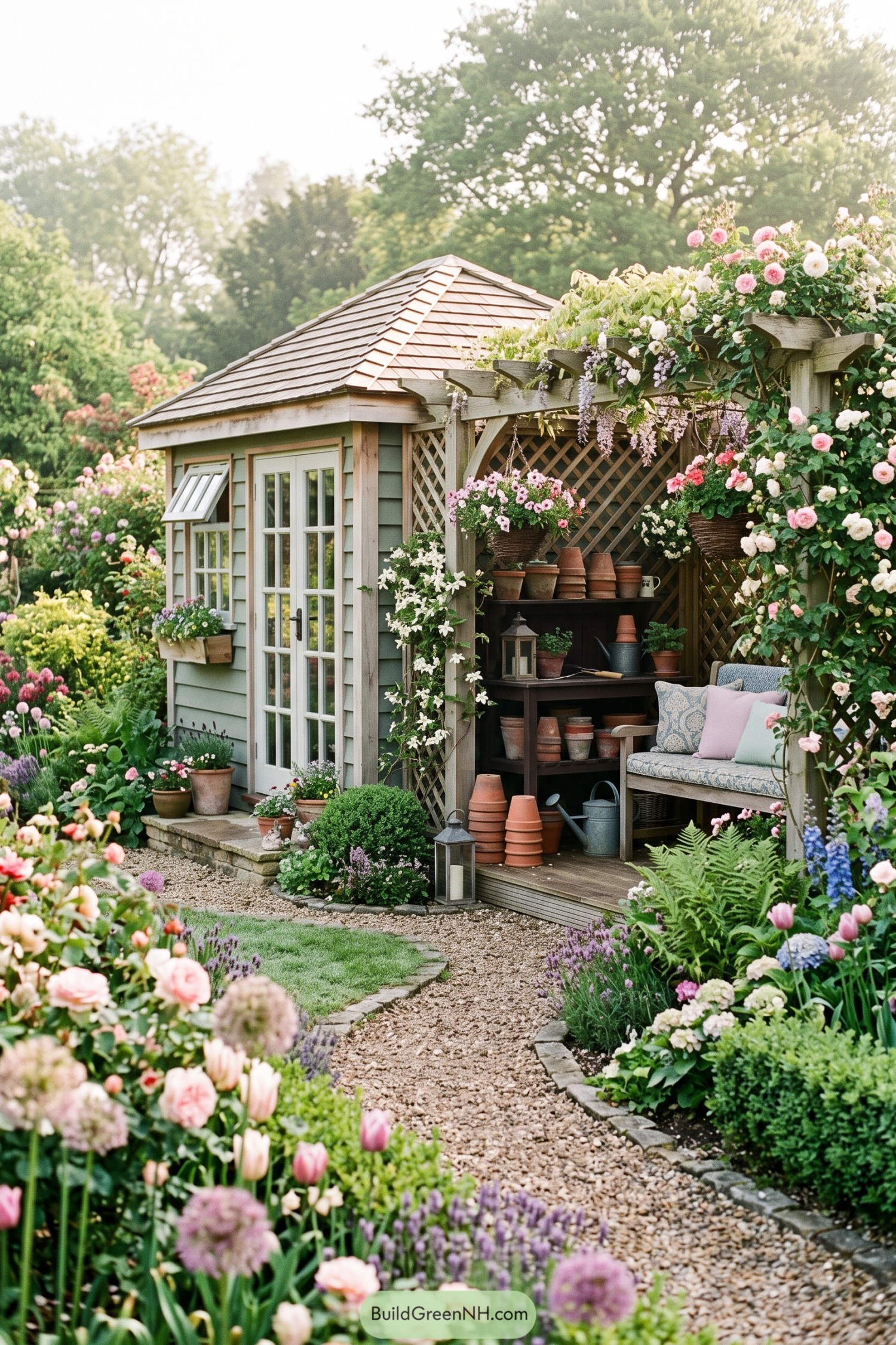 Sage green garden shed with a rose-covered trellis porch and potting bench