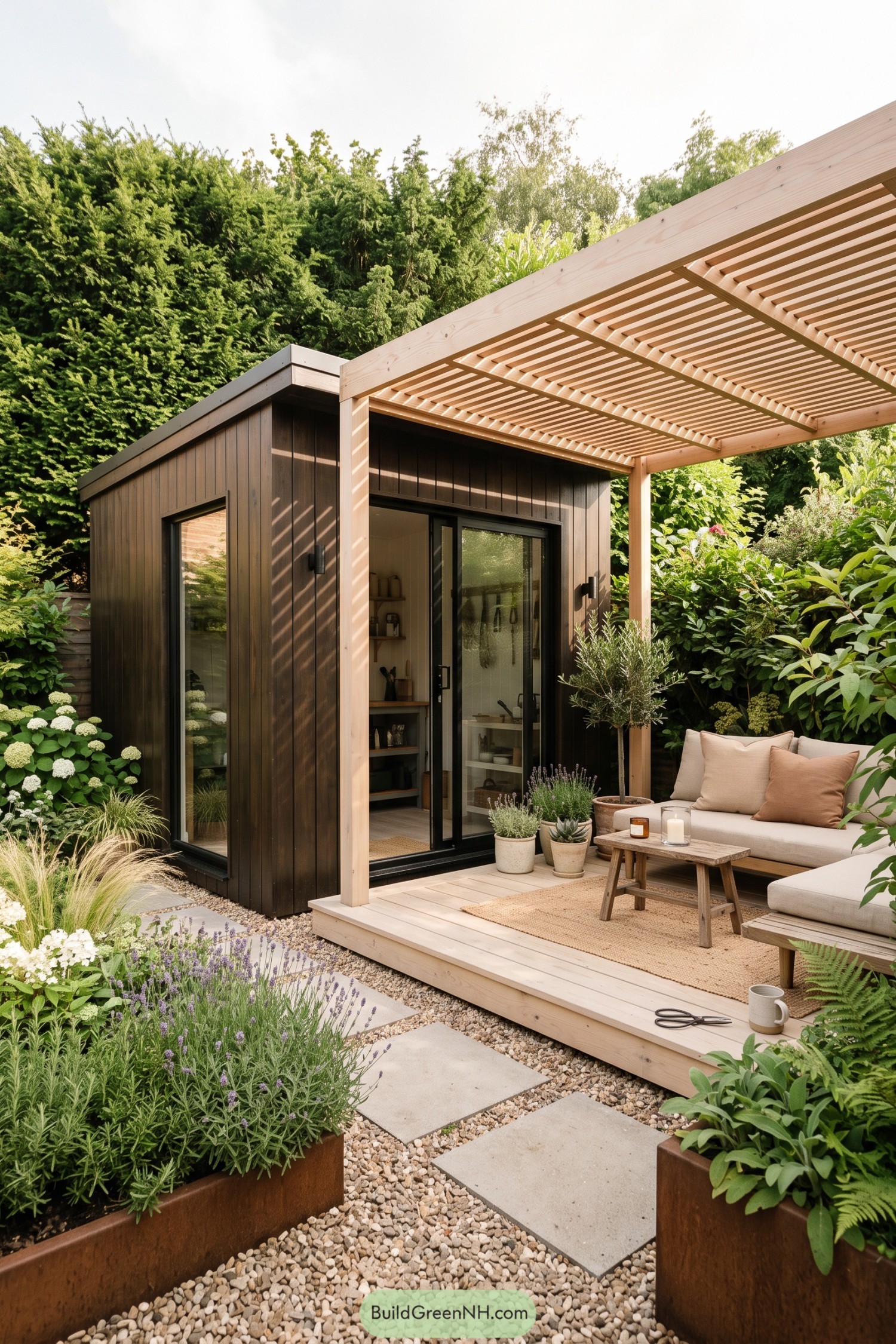 Dark timber garden studio with a slatted pergola porch and built-in lounge seating