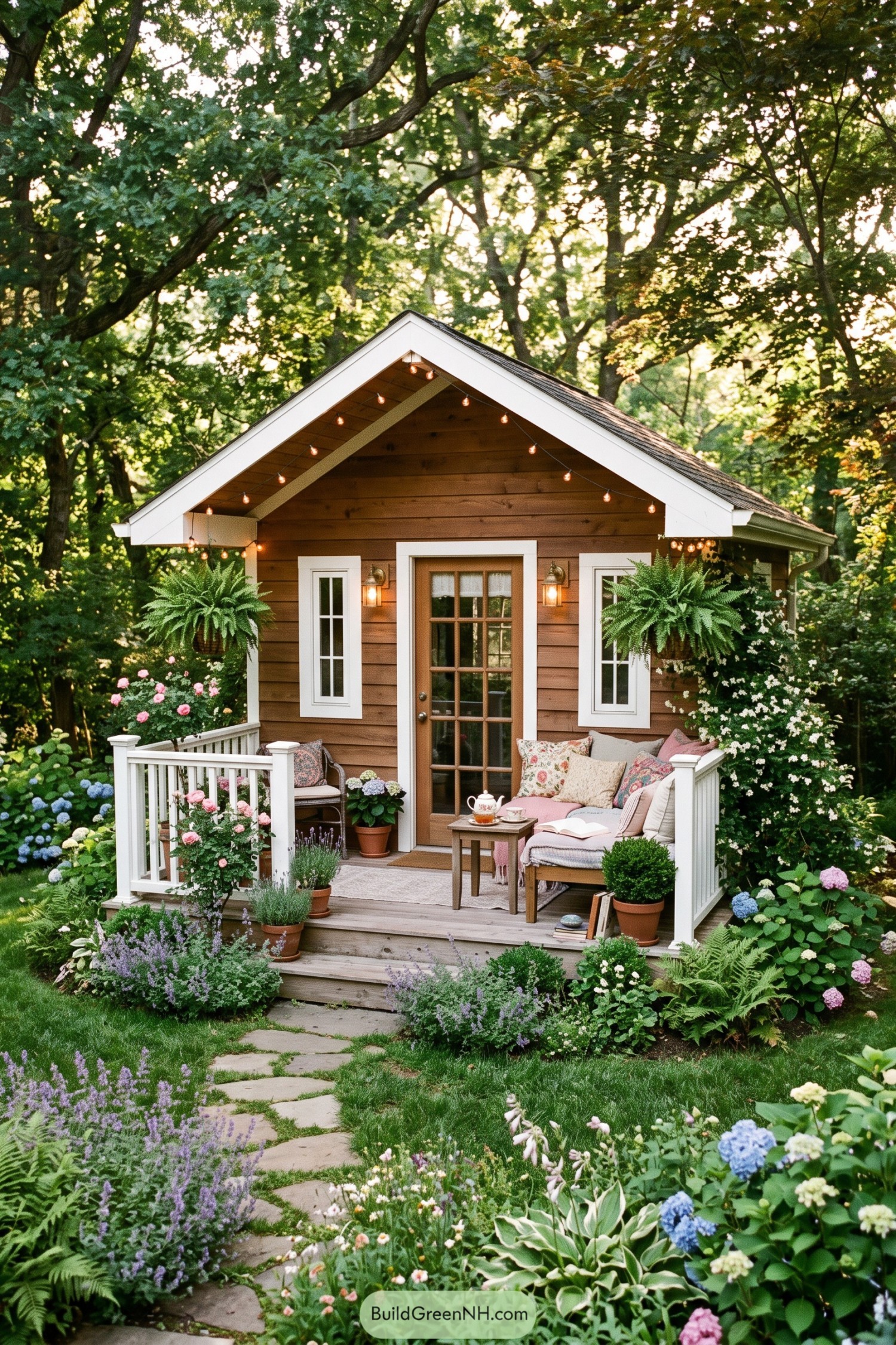 Wood-sided garden shed with a cozy porch and flowering borders