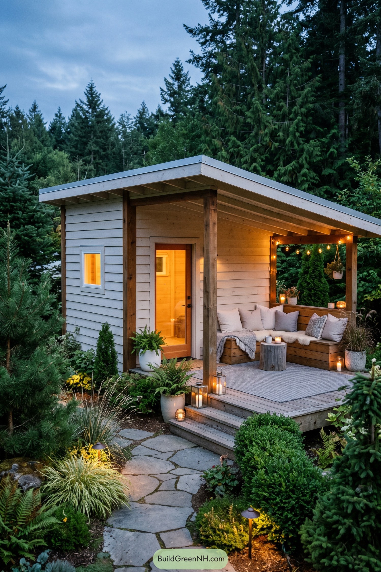 Compact shed with covered porch seating in a forest garden