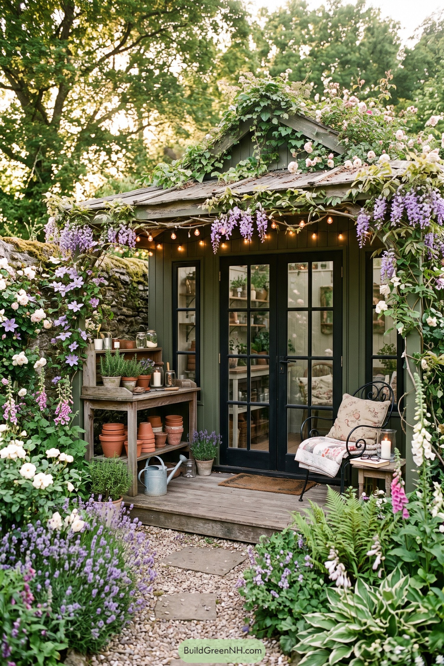 Green garden shed with a flower-covered porch