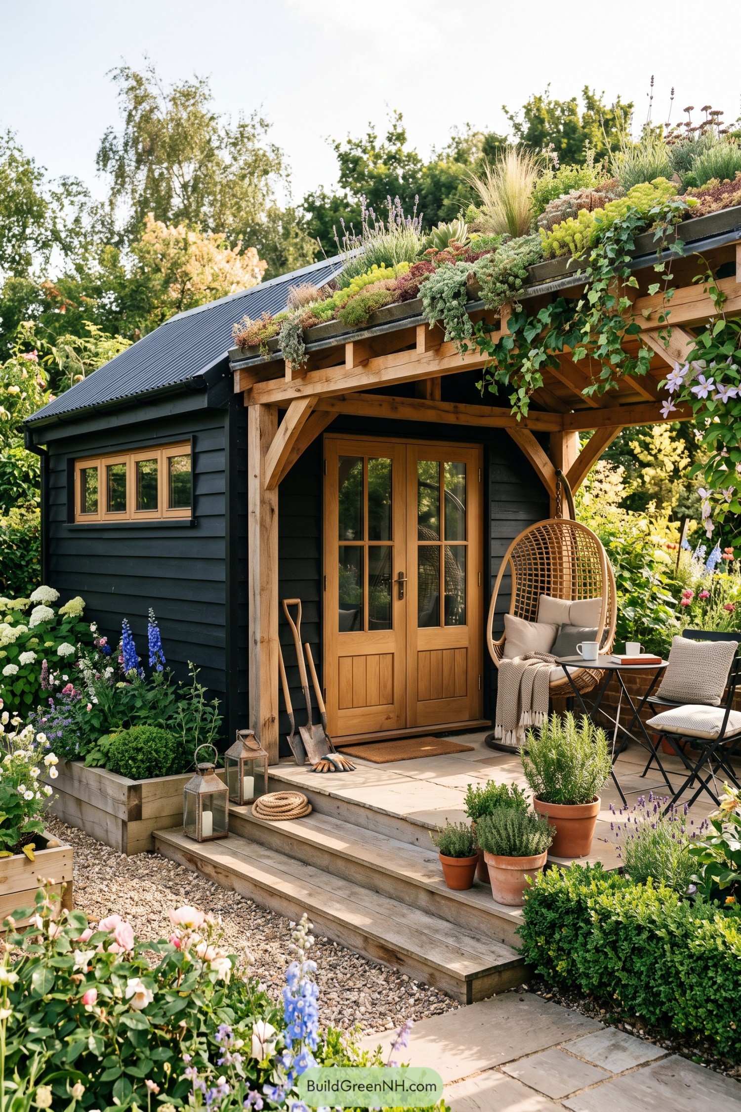 Dark garden shed with timber porch and planted roof