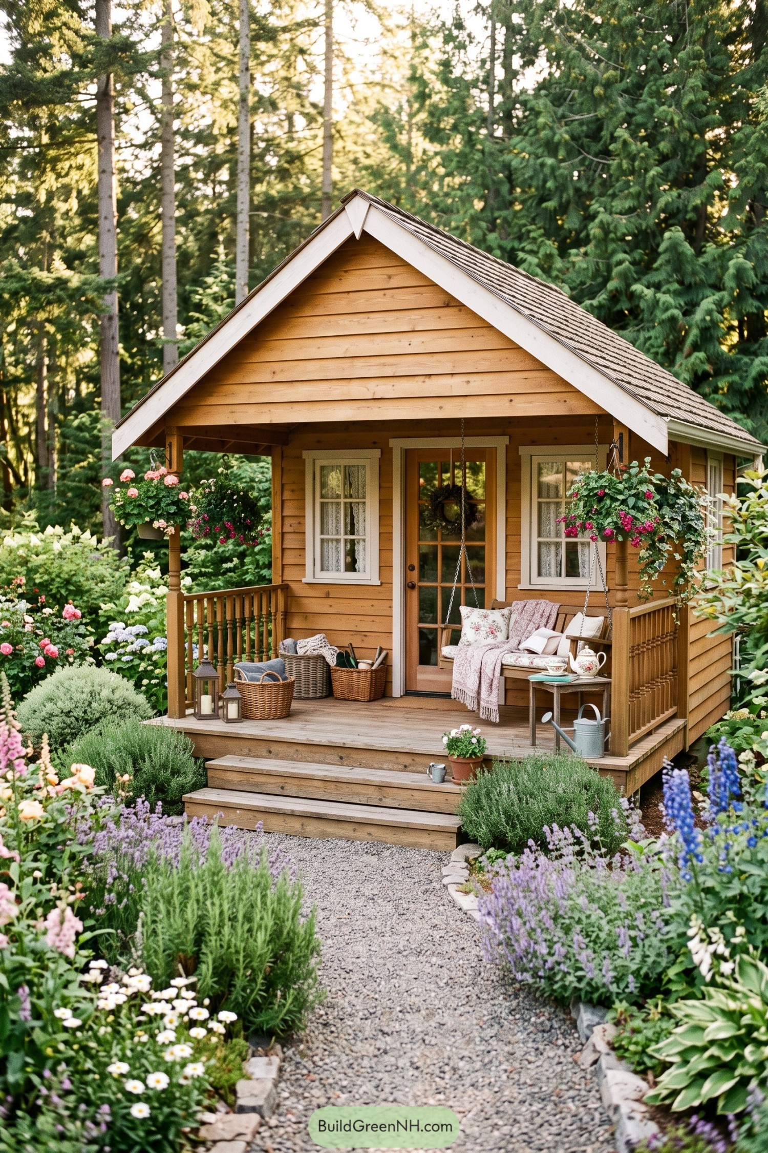 Wooden shed with a covered porch swing amid flower beds