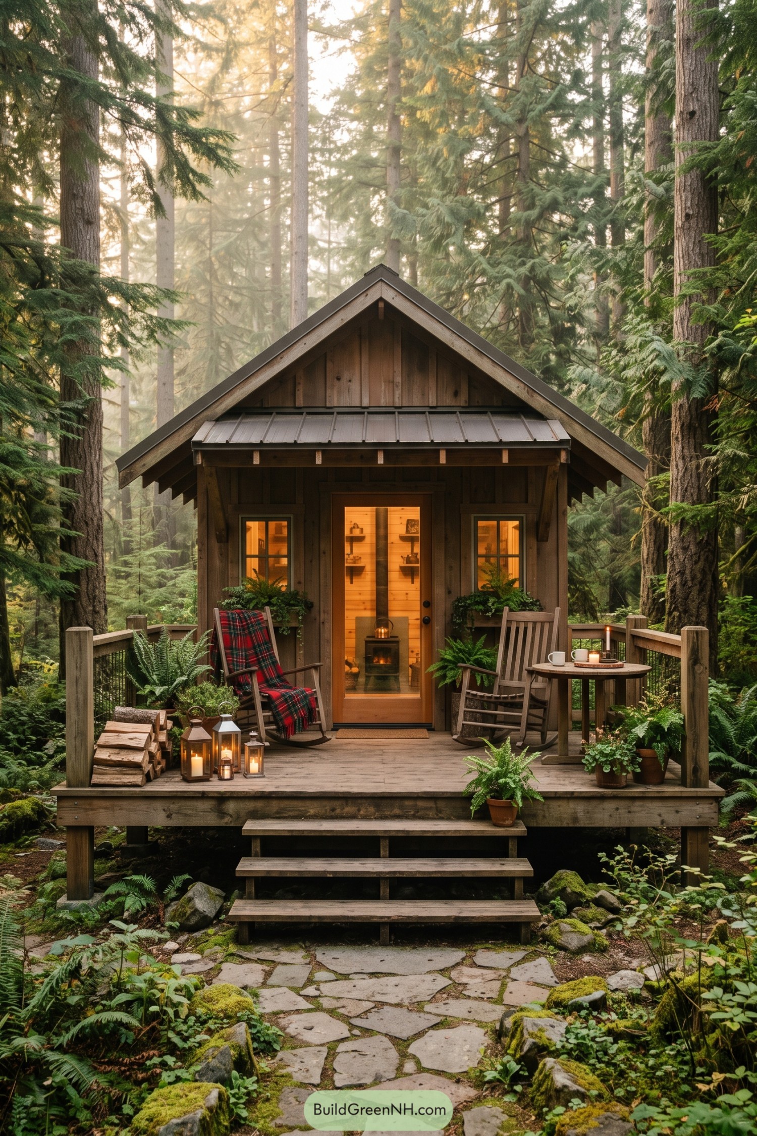 Wooden shed with a covered porch nestled among tall evergreens