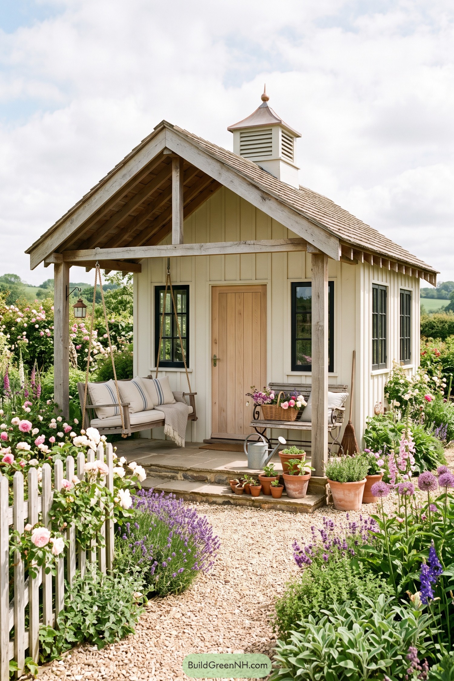 Cream garden shed with a covered swing porch and cupola