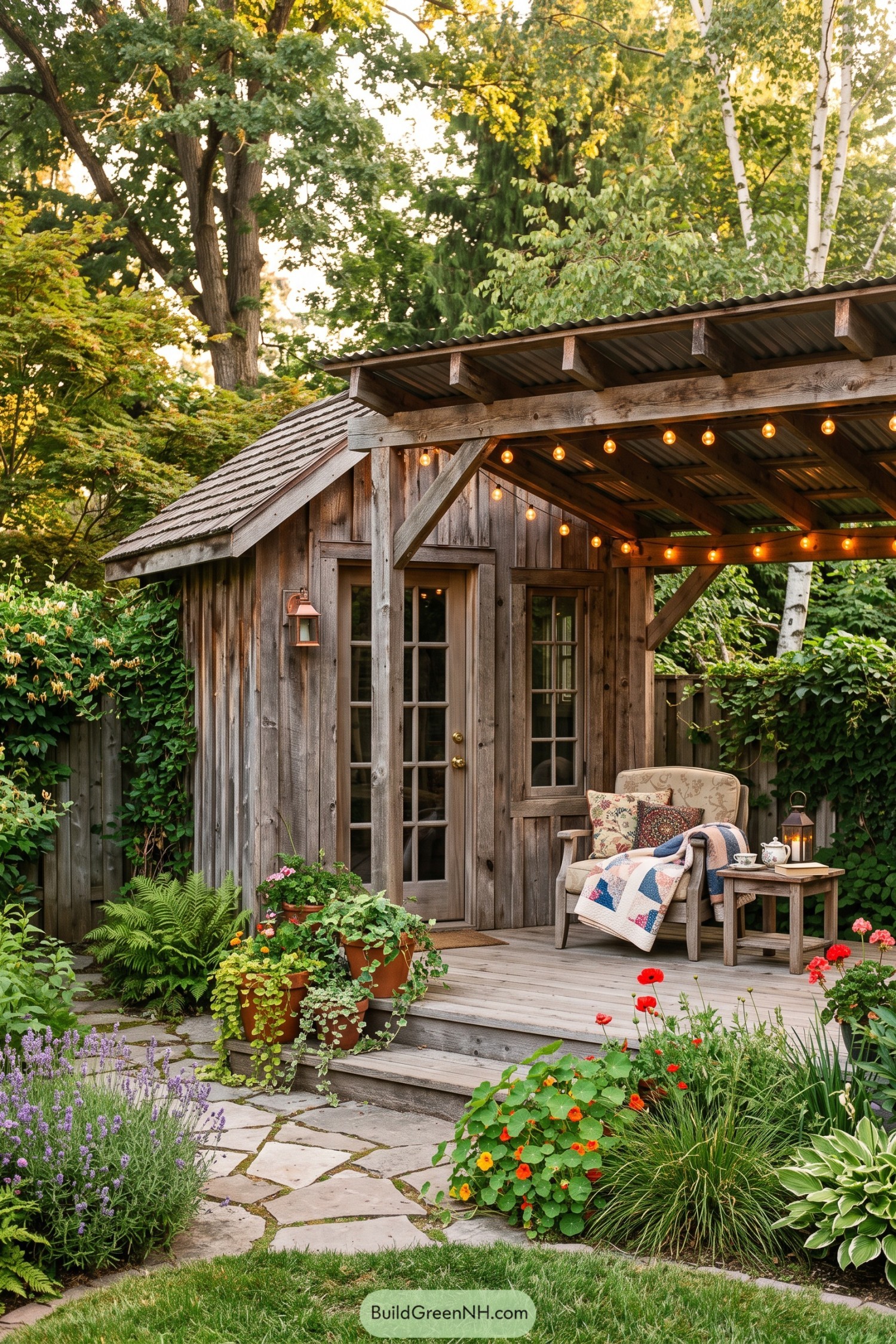 Weathered wood shed with covered porch and garden seating