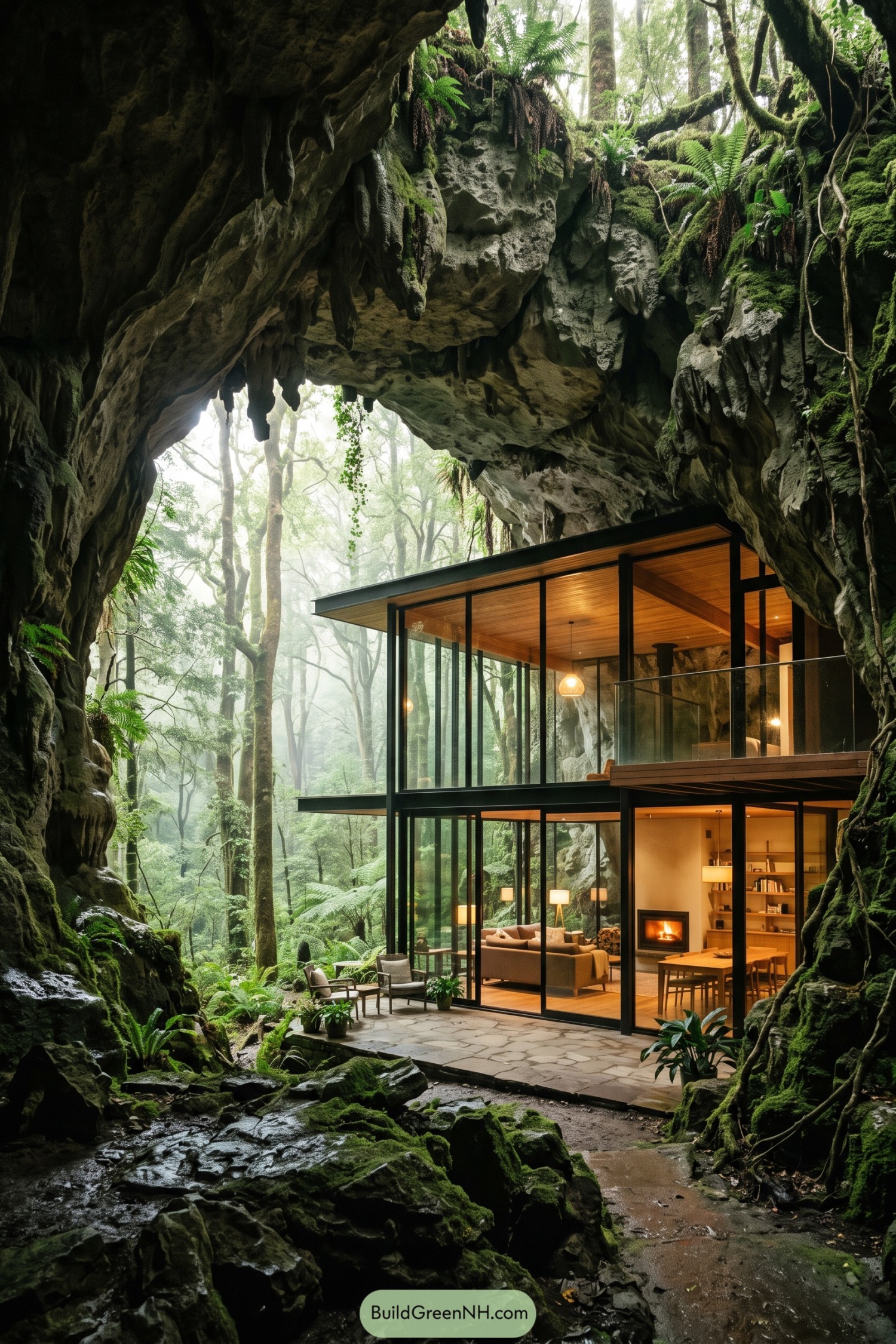 Glass-walled house beneath a mossy forest cave