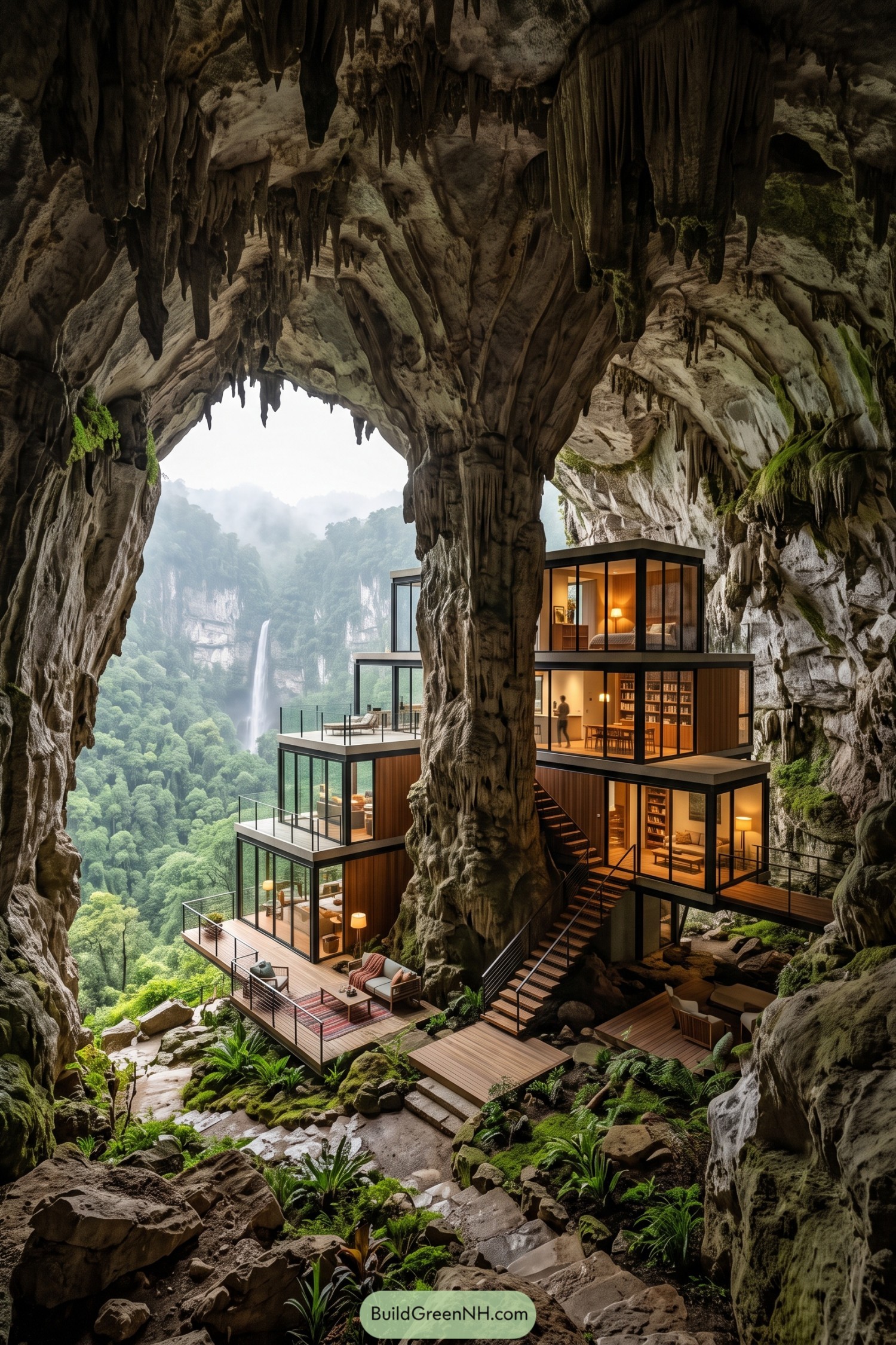 Glass home beneath a limestone cave overlooking a waterfall