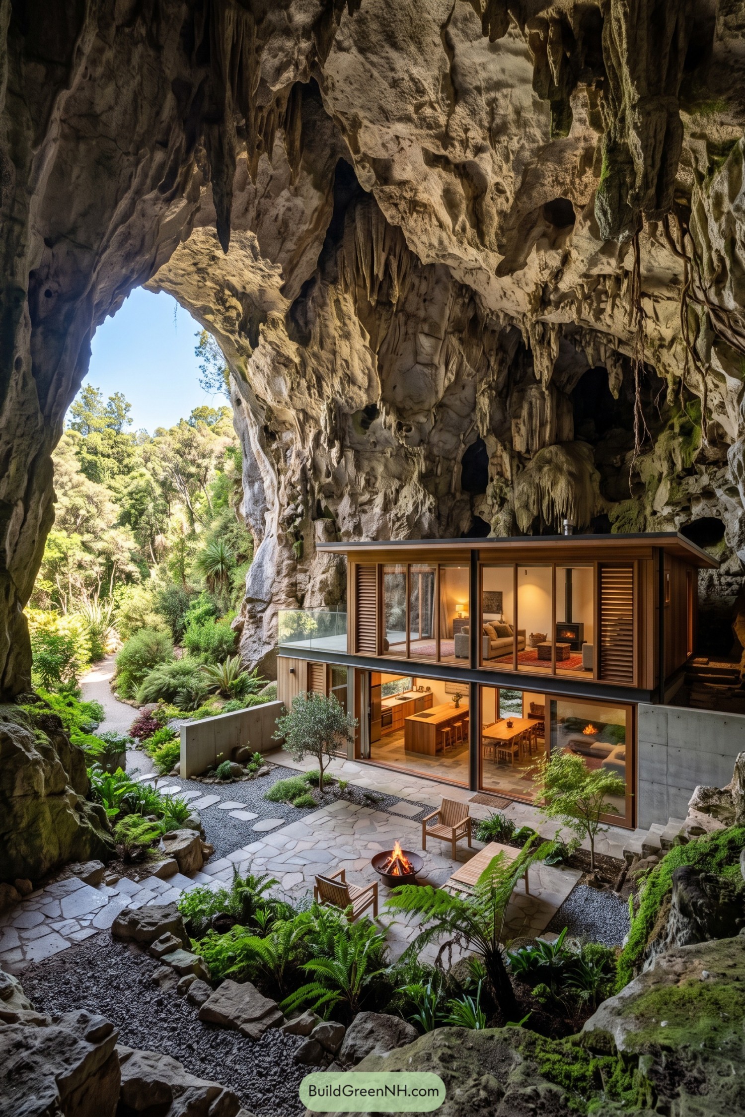 Modern glass home nestled beneath a limestone cave canopy