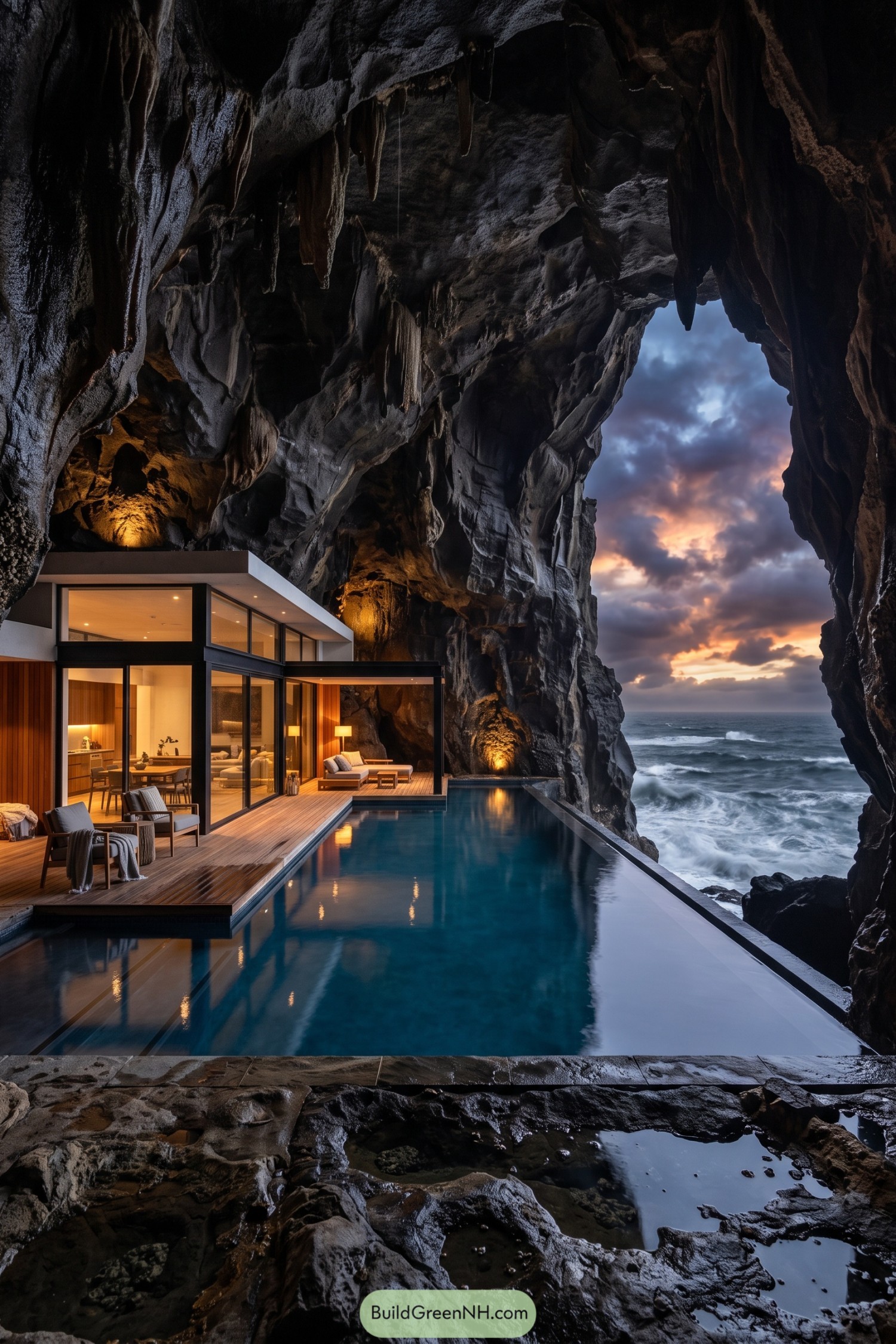 Glass-walled cave retreat with pool overlooking stormy ocean