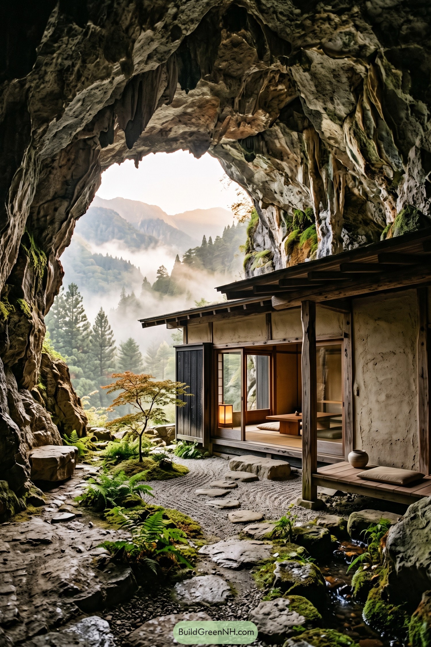 Japanese-inspired retreat beneath a mossy cave opening